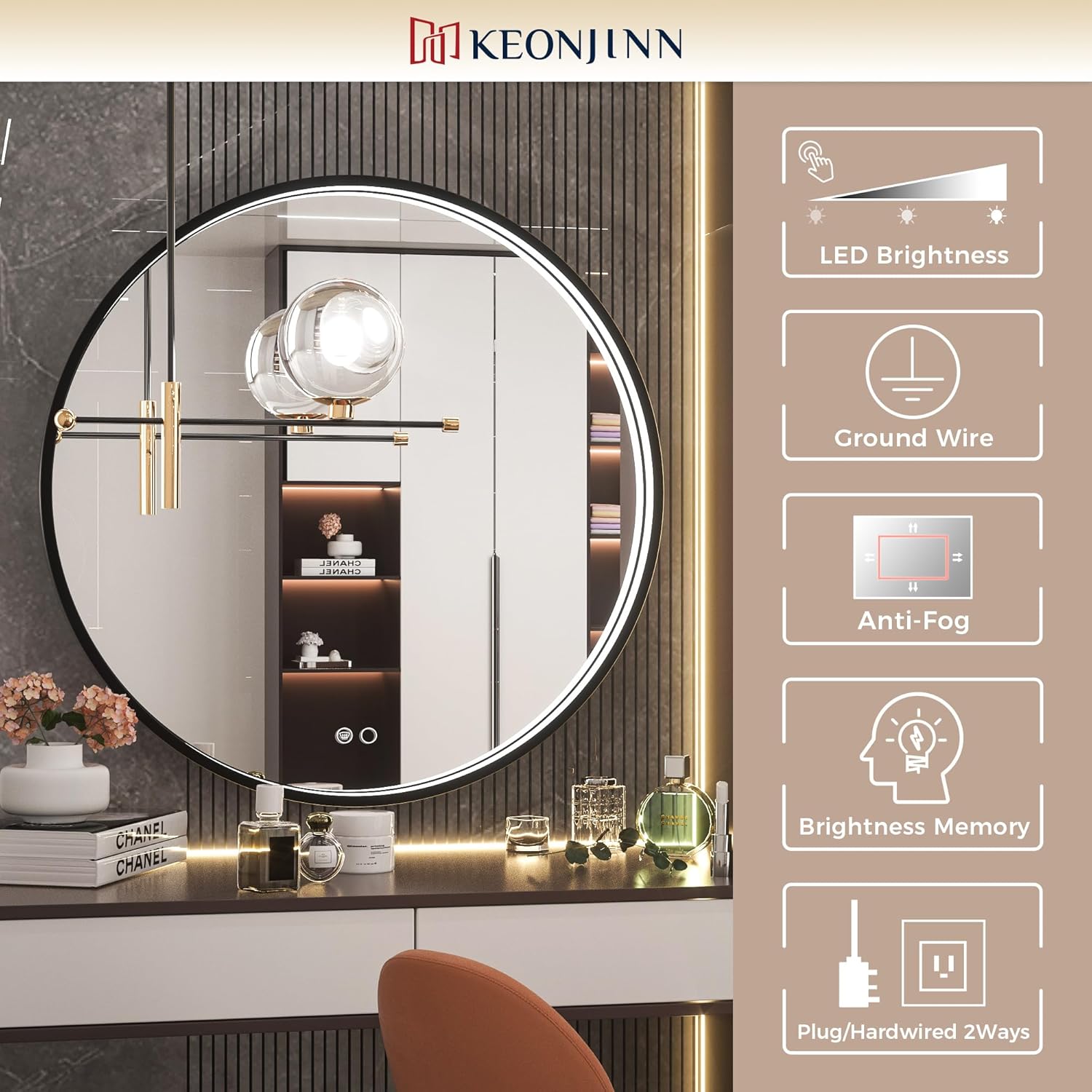 Keonjinn Espejo LED redondo negro para baño con luces 3000 K4500 K6000 K, espejo de tocador con marco de metal montado en la pared, espejo de