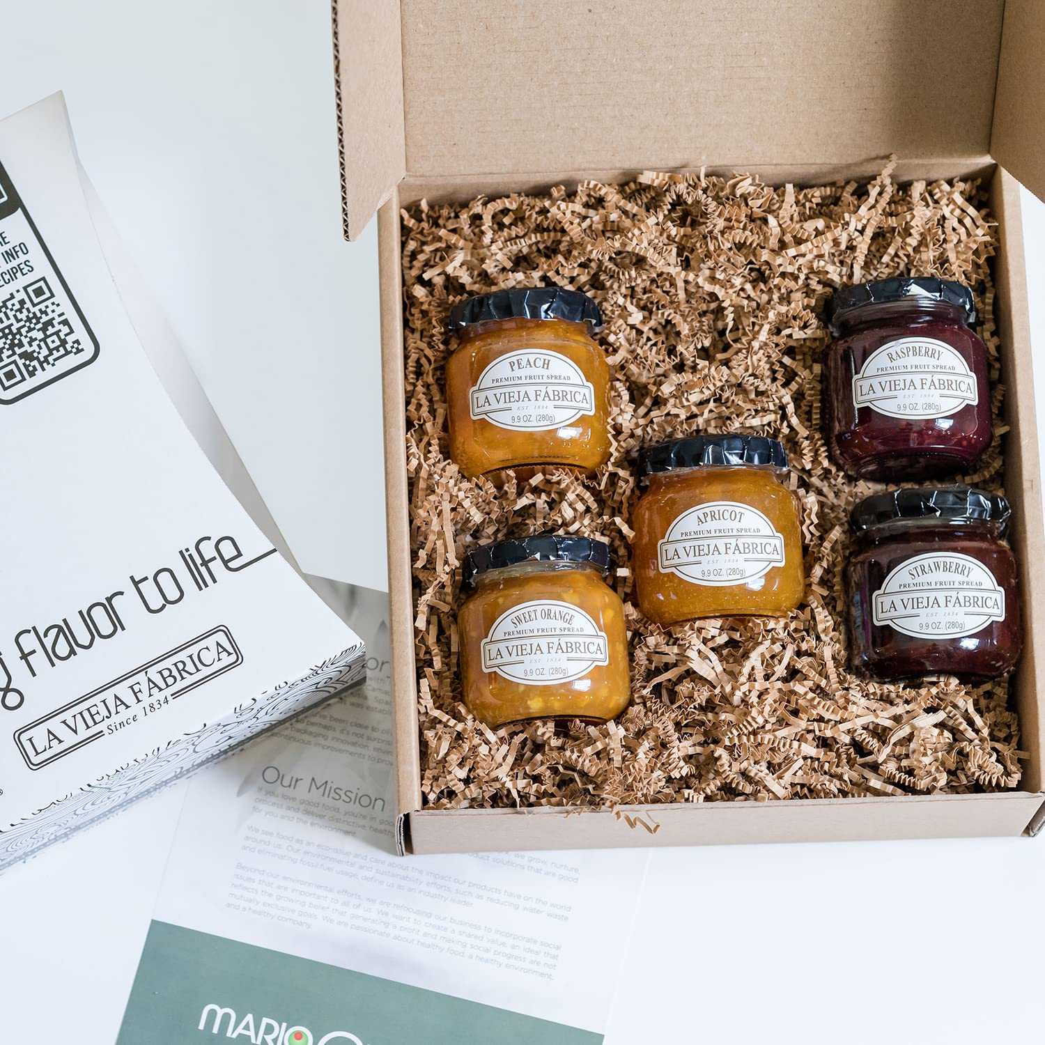 La Vieja Fabrica – Caja de regalo para untar de frutas, incluye mermelada de naranja dulce, melocotón, albaricoque, frambuesa y fresa, 9.9 onzas (5