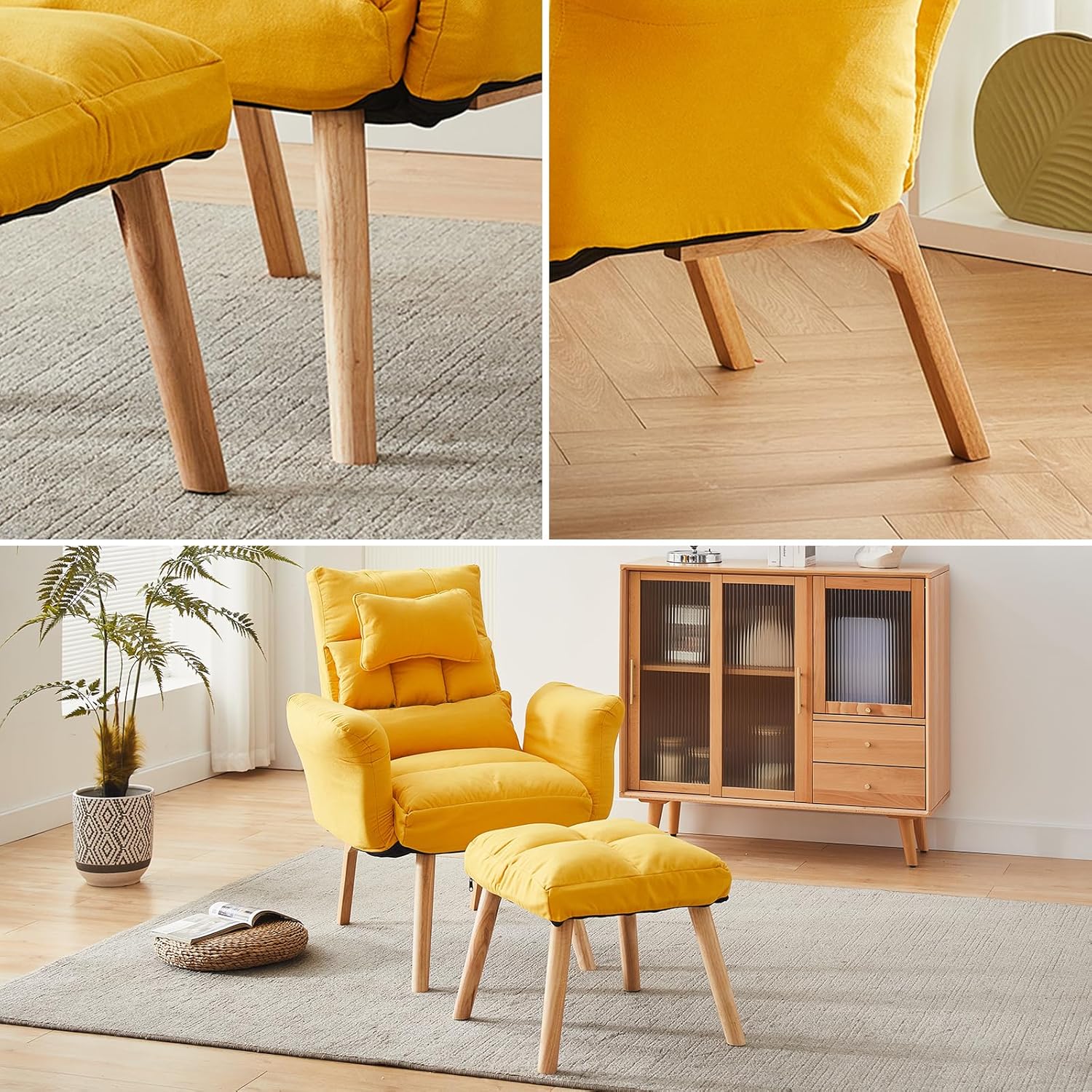 CLIPOP Silla decorativa moderna con otomana, sillón de tela de lino con respaldo ajustable (5 ángulos), patas de madera maciza, cómoda silla de