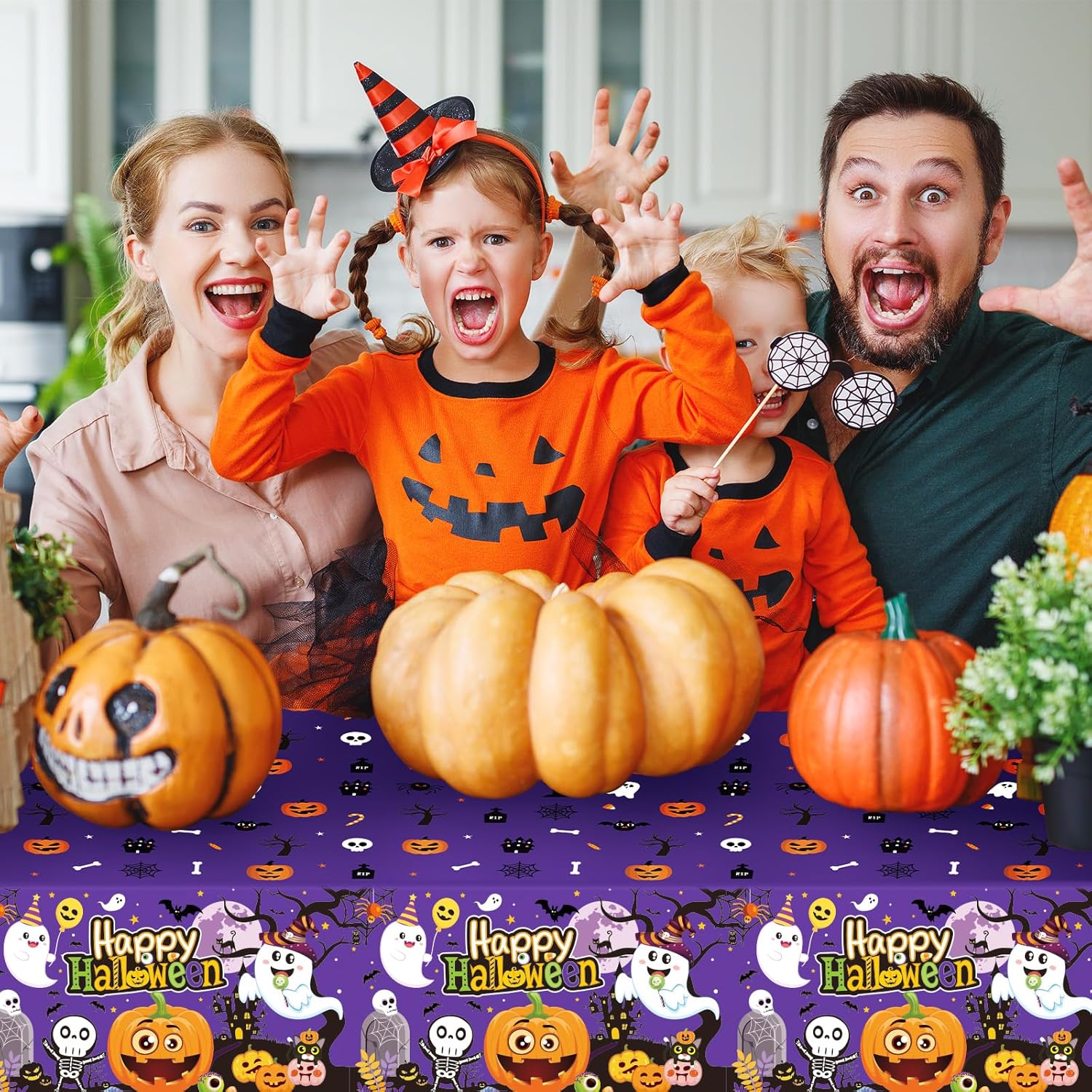 3 manteles de Halloween  Mantel de plástico con diseño de calabaza y fantasma, desechable, rectangular, color morado, para decoración de mesa de