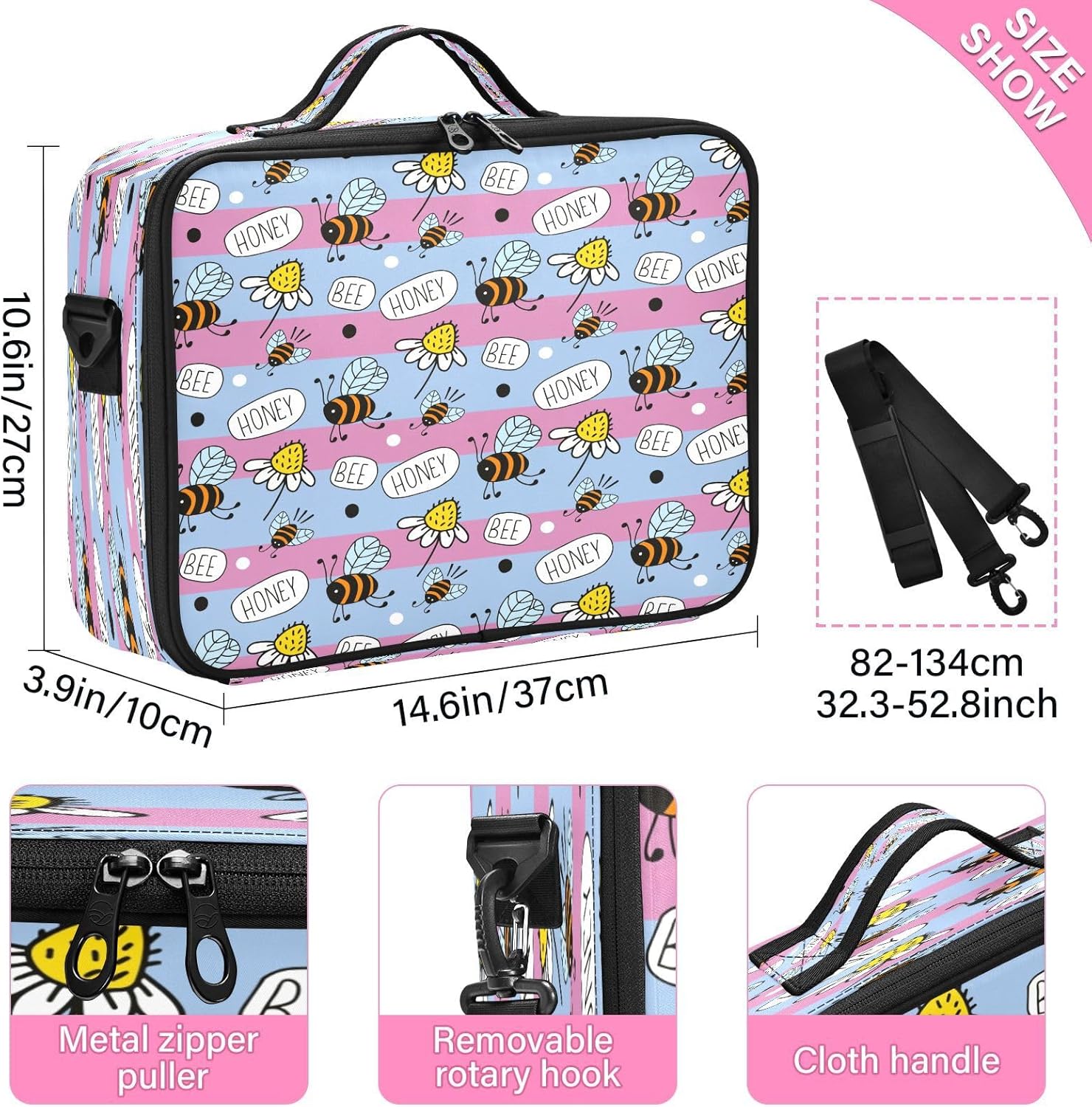 Abejas Happy Good Luck and Daisies Bolsa de maquillaje a rayas bolsa de cosméticos grande bolsa de aseo kit de viaje bolsas de maquillaje lindo
