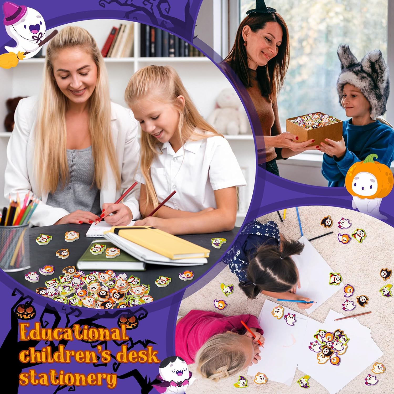 CJiangpo 60 mini borradores de Halloween para niños, a granel, lindo lápiz fantasma, borradores de goma, rompecabezas de escritorio 3D, borradores