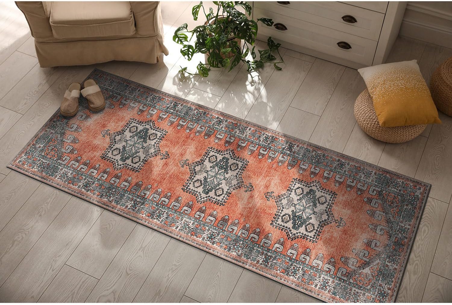 CAMILSON Alfombra lavable a máquina, oriental, retro, persa, vintage, envejecida, con medallones, 2 x 7 pies, no desprende pelusa, resistente a las