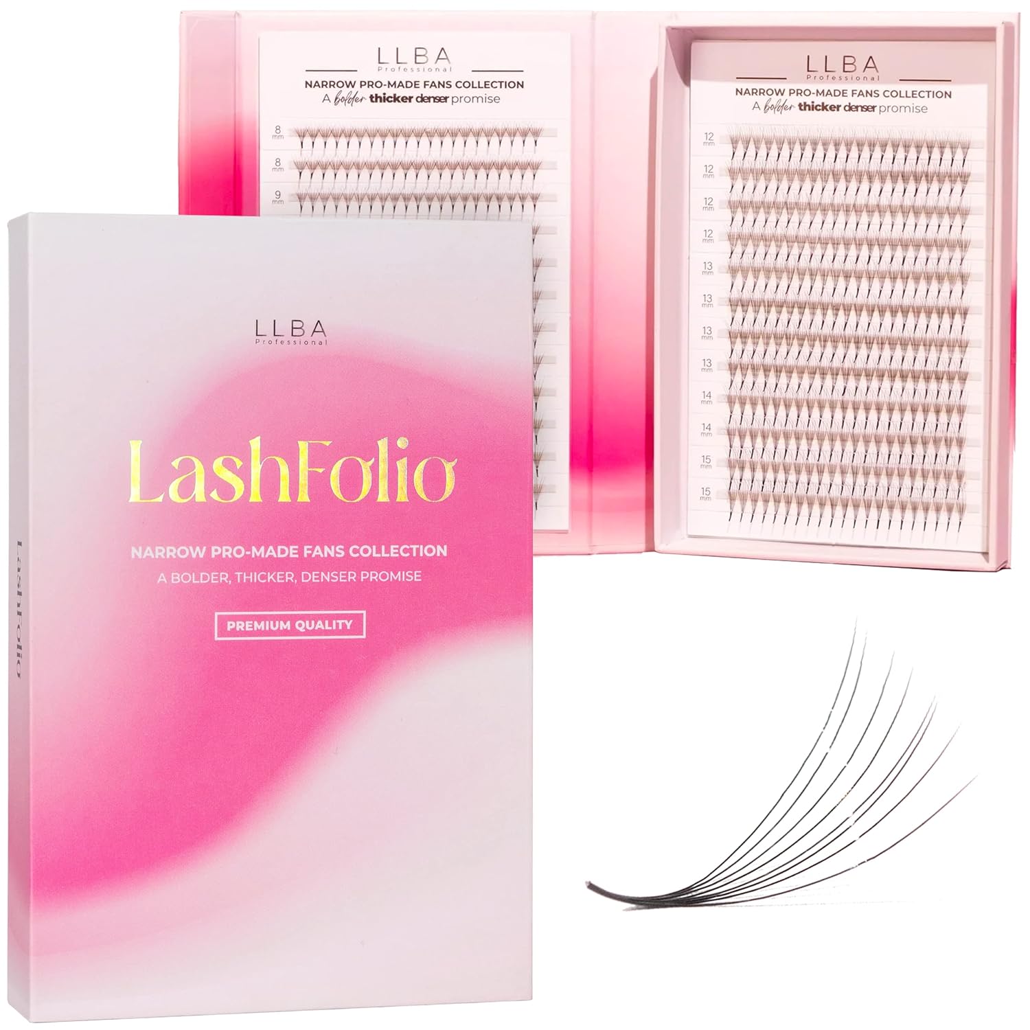 LLBA LashFolio – Abanicos estrechos Promade  Pestañas de volumen hechas a mano  Múltiples selecciones 5D  10D  Rizo C CC D  Grosor 0.03  0.003 in