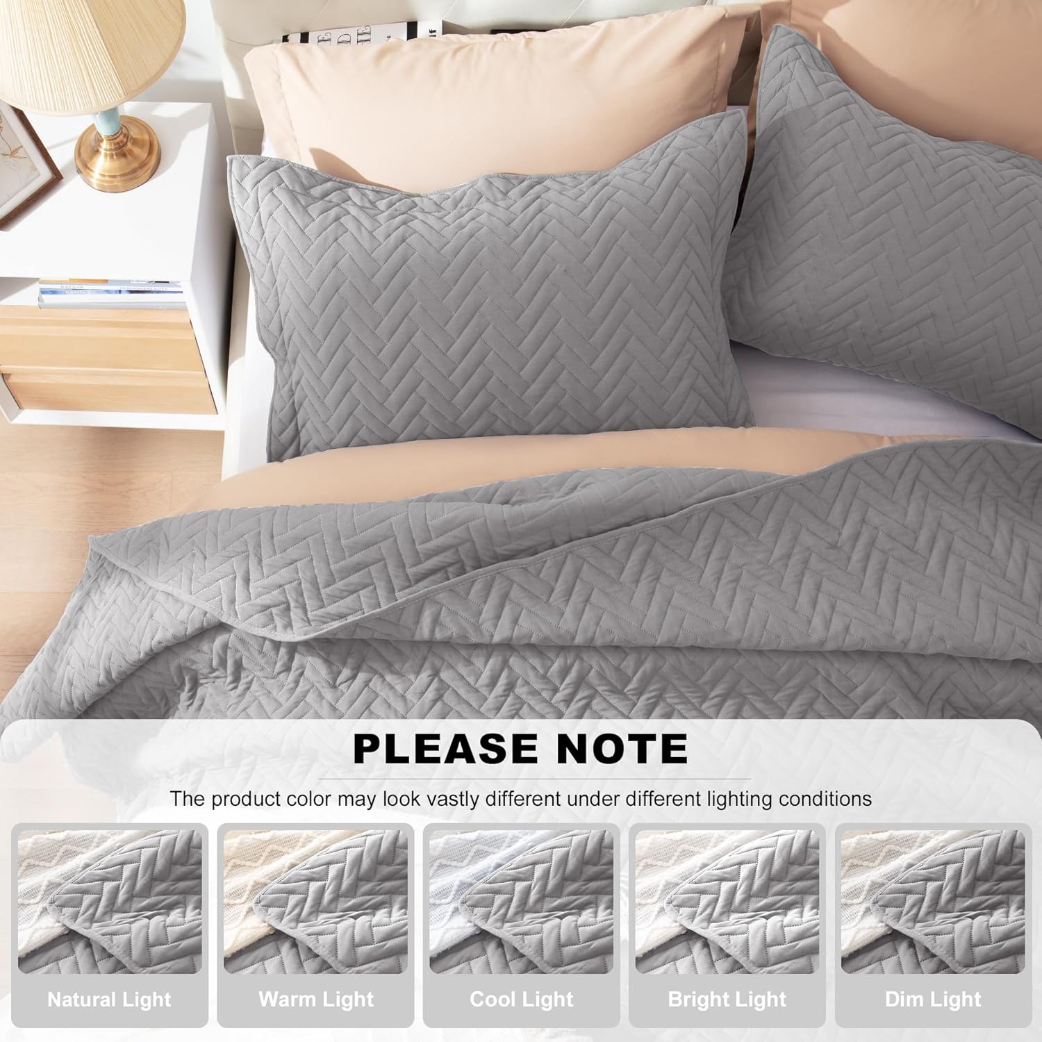 GRT Juego de edredón gris tamaño King con fundas de almohada, edredón ligero, reversible, estilo moderno, patrón rectangular, juego de ropa de cama