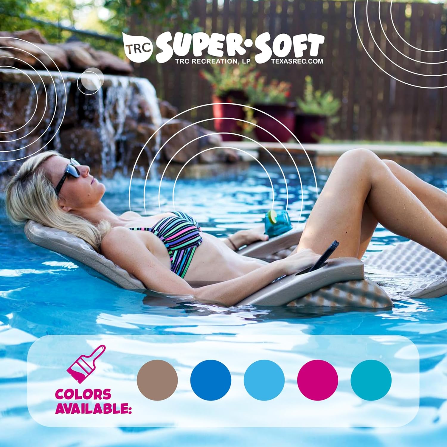 TRC Recreation Tumbona de agua flotante portátil súper suave para piscina, cómoda y ajustable, con 2 portavasos para reposabrazos