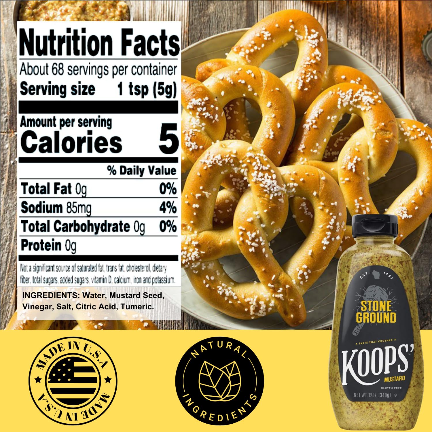 Koops’ Fan Favorites Paquete variado de mostaza, rábano picante, calor de Arizona, mostaza de miel y tierra de piedra, sin gluten, kosher, fabricado