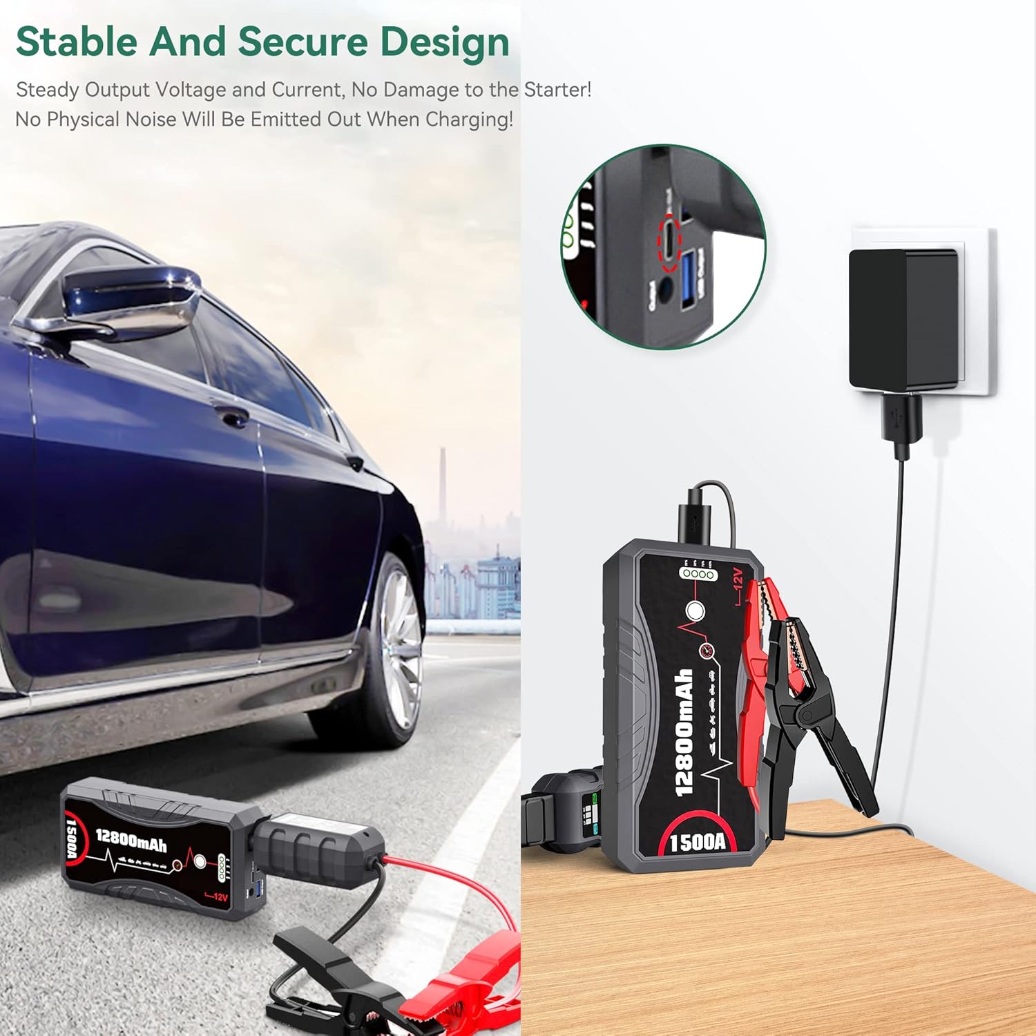 FITE ON Cargador de alimentación tipo C de 5 V compatible con NEXPOW Car Jump Starter 1500A 2000A Peak Battery Starter GOOLOO GP2000 GT3000
