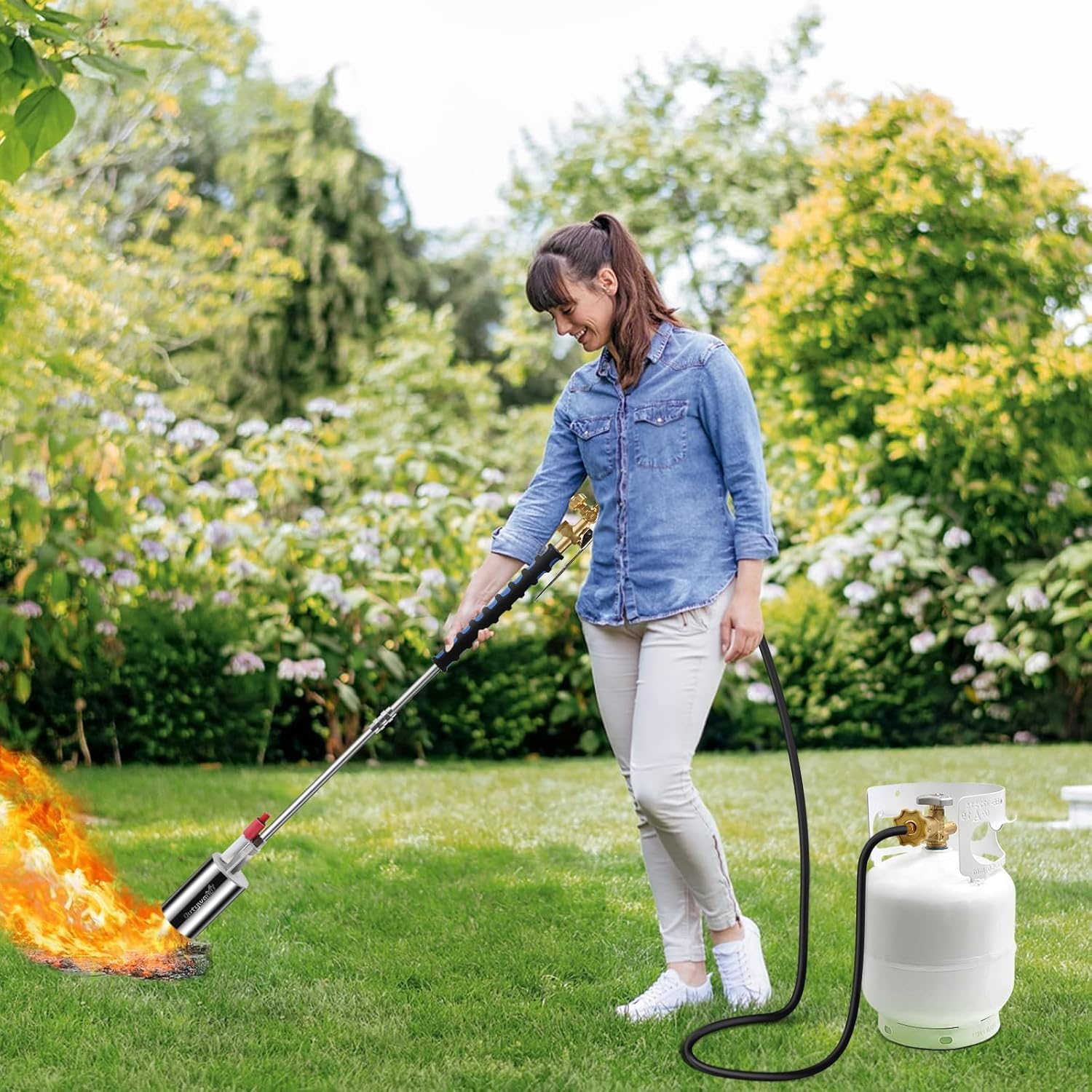 Kit de quemador de malezas de propano, alto rendimiento de 1,200,000 BTU con encendedor (autoencendido), soplete de jardín resistente con manguera