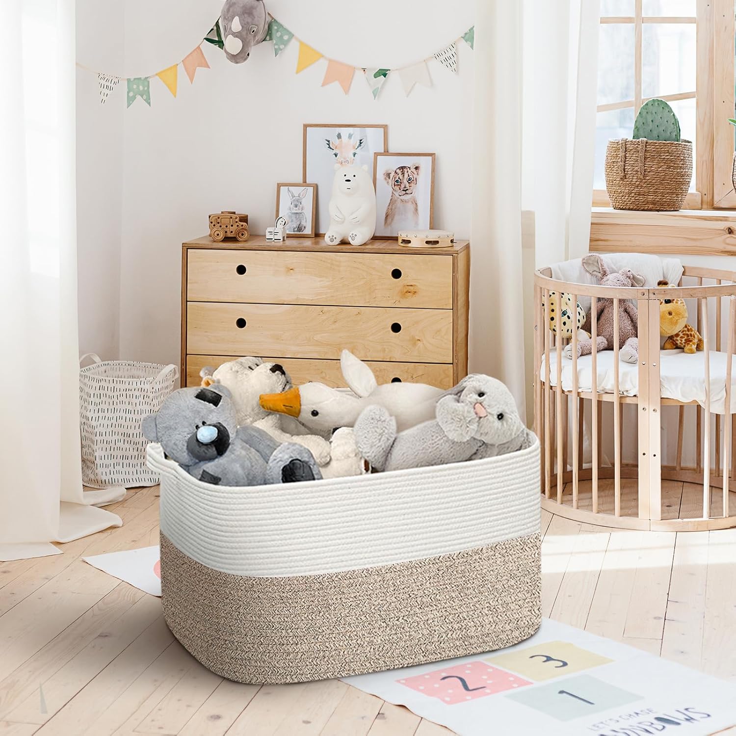 Cesta de cuerda extragrande, 22.8 x 14.9 x 11.8 pulgadas, cesta rectangular para manta para sala de estar, cesta organizadora de juguetes de tejido