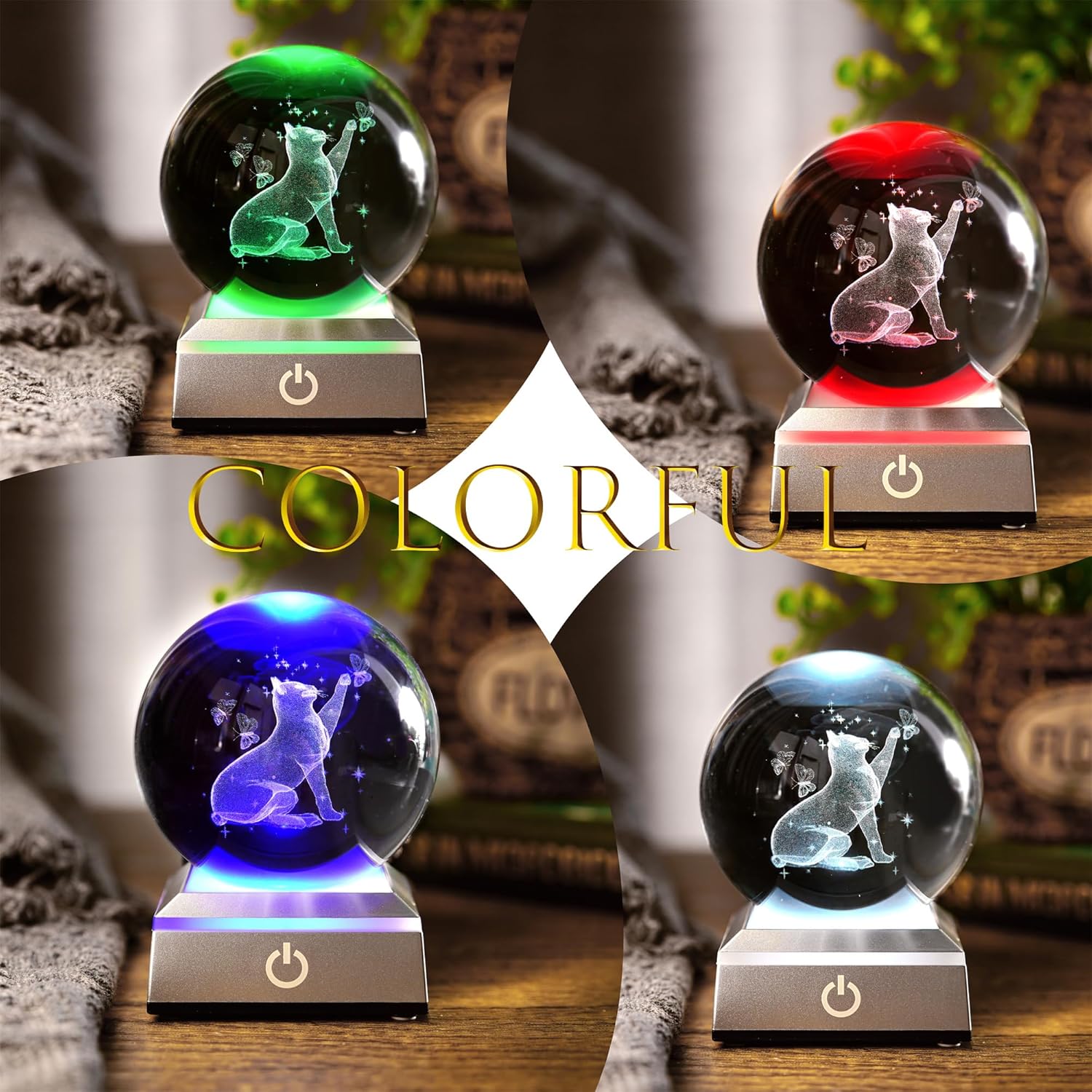 ZEERSHEE Gato grabado con láser de vidrio 3D de 3.150 in con bola de cristal de mariposa con base LED, luz nocturna de gato, pisapapeles para