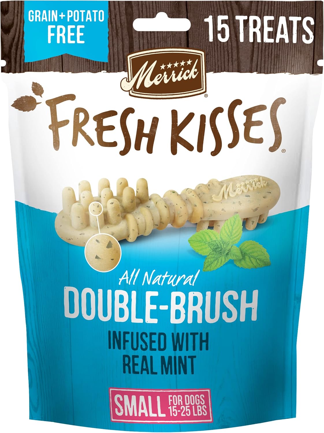 Merrick Fresh Kisses – Masticables dentales para perros para razas pequeñas, golosinas para perros sin granos con infusión de menta real, (6) bolsas