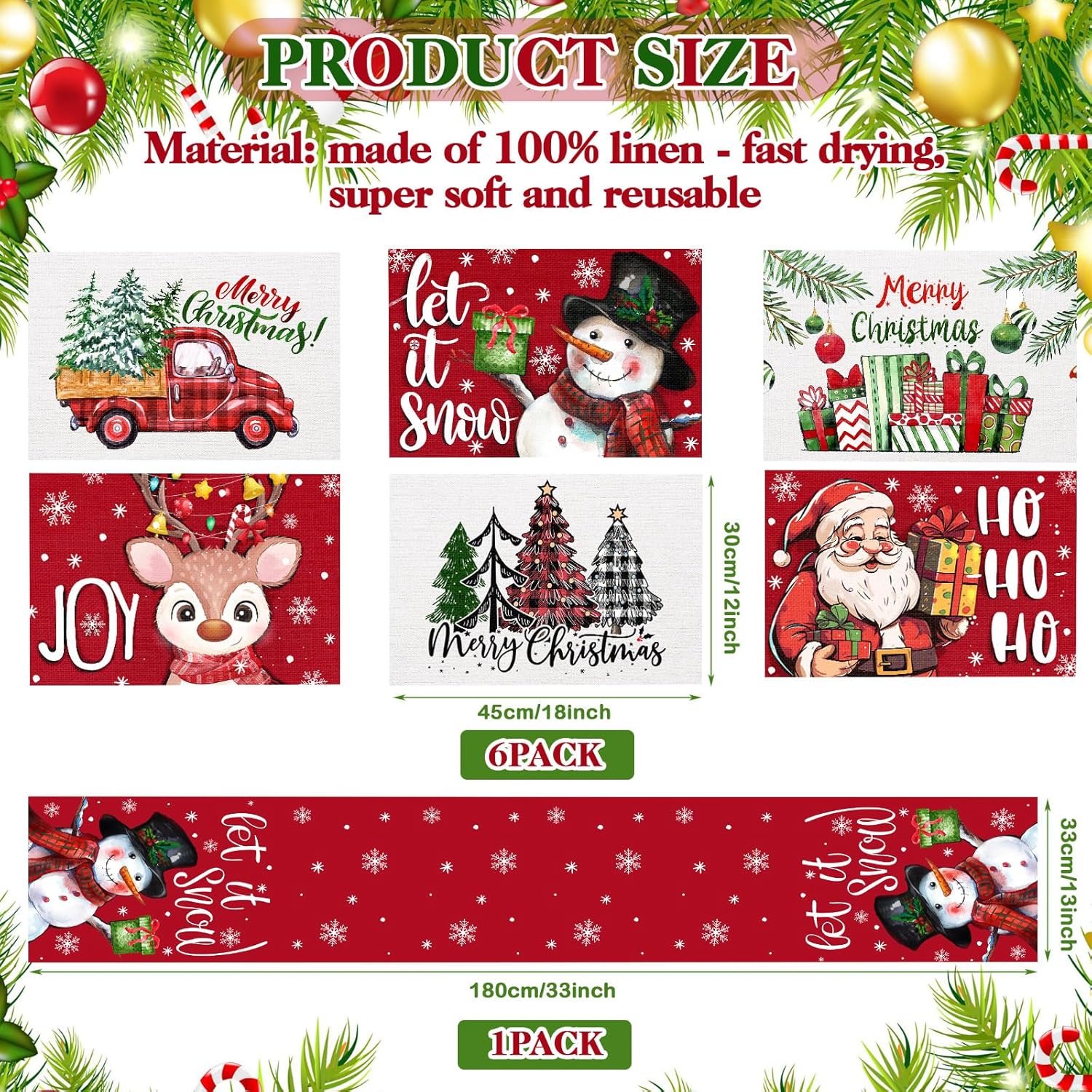7 manteles individuales de Navidad de 12 x 18 pulgadas, juego de 6 manteles individuales de Navidad con camino de mesa, Papá Noel, ciervo, muñeco de
