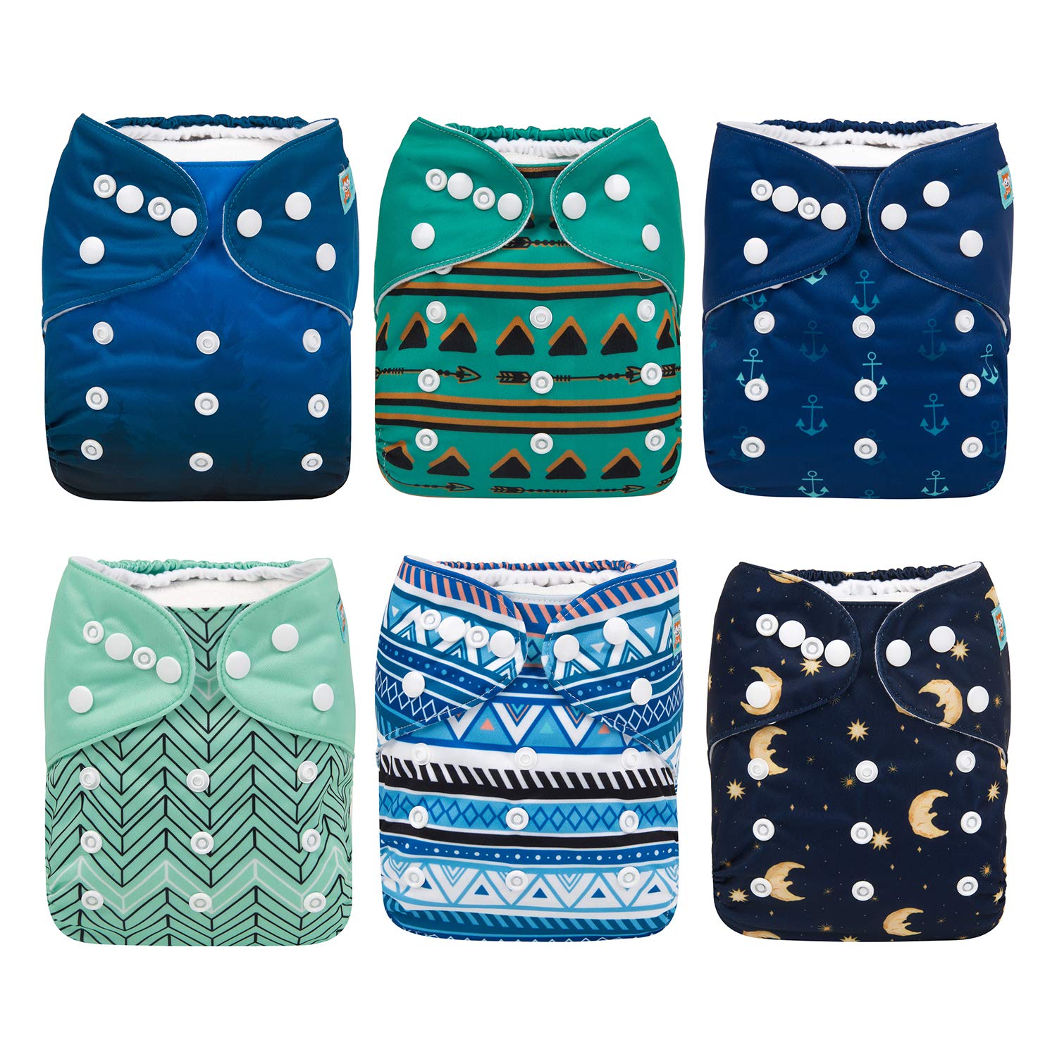 ALVA Baby – Pañales de tela, talla única, ajustable, lavable, reutilizable, para niñas y niños, paquete de 6 con 12 insertos (aventuras salvajes)