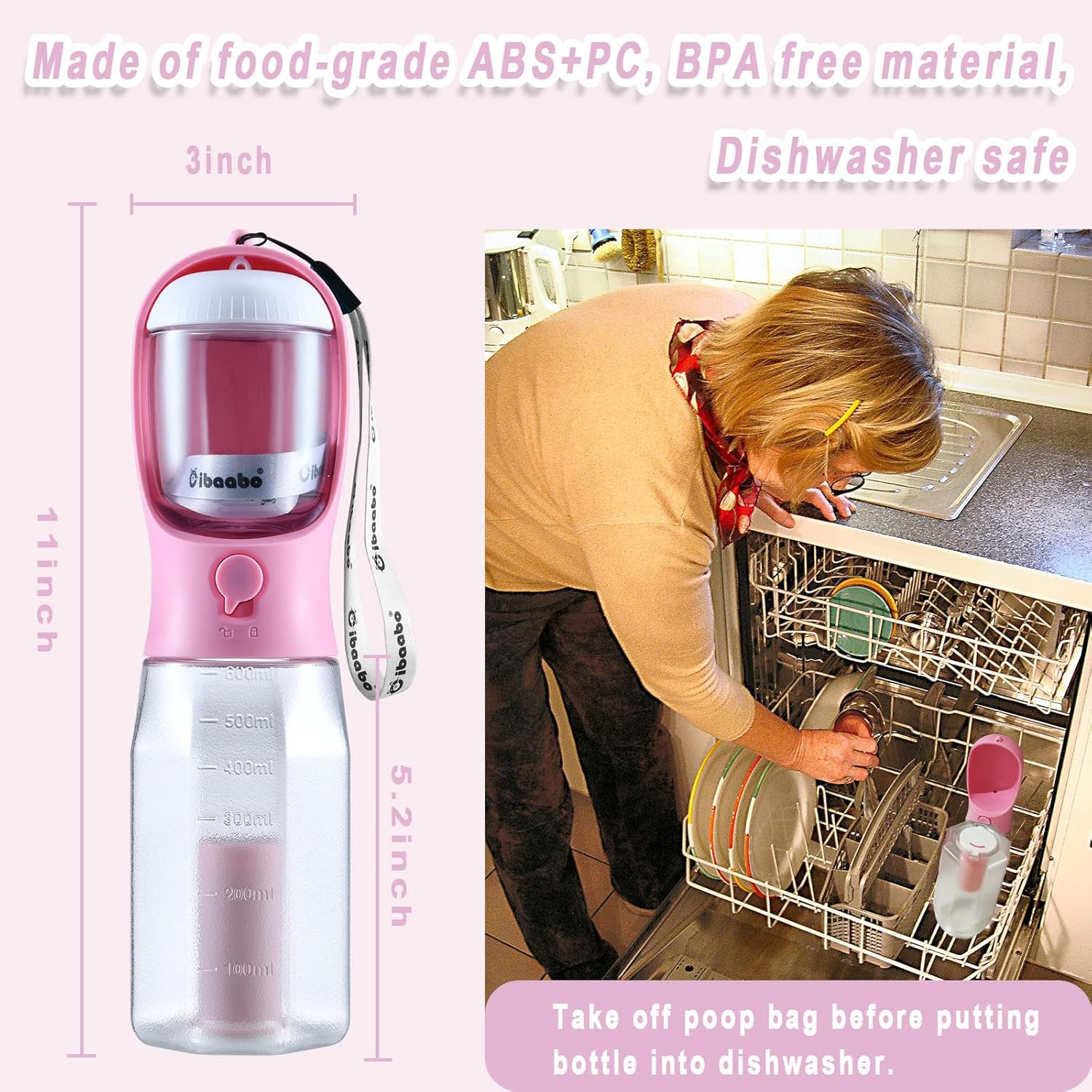 Botella de agua para perros con contenedor de alimentos y soporte para bolsa de excrementos, cuenco de agua de viaje, dispensador portátil para
