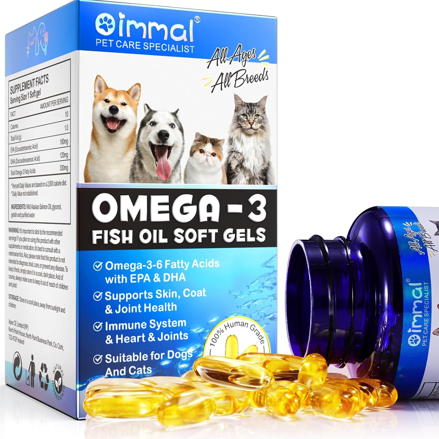 Omega-3 para mascotas, aceite de salmón, geles suaves para perros y gatos (120 unidades) – Suplemento de salud para la piel y el pelaje con ácidos