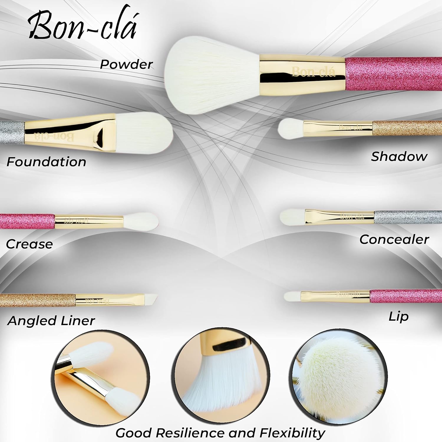 Bon-clá, Juego de 7 brochas esenciales brillantes con bolsa de maquillaje de viaje, para cepillo de polvo, brocha de base, cepillo de pliegues,
