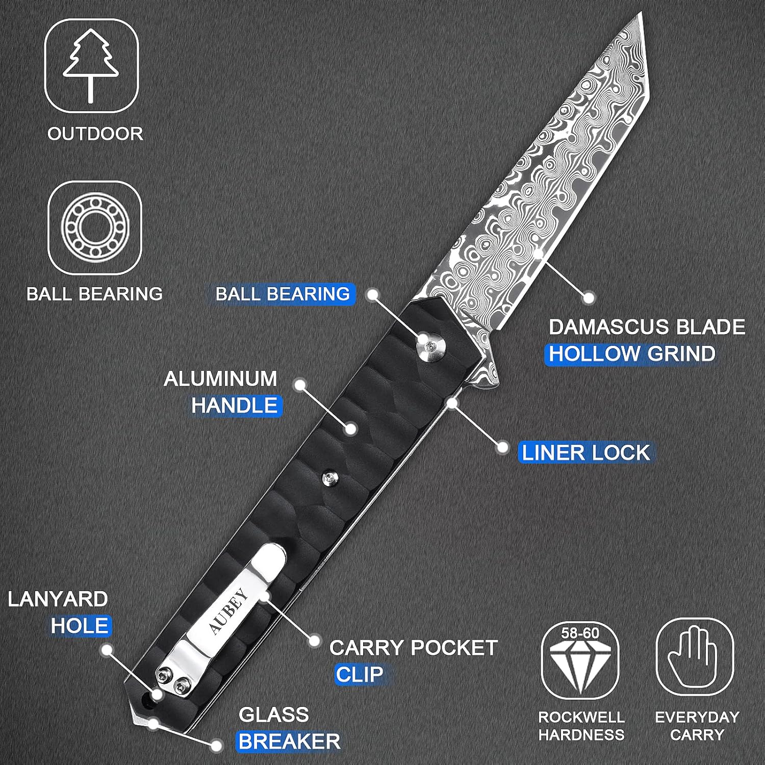 AUBEY Cuchillo de bolsillo de Damasco con clip para hombres y mujeres, cuchillos plegables de acero de Damasco con rodamiento de bolas, mango