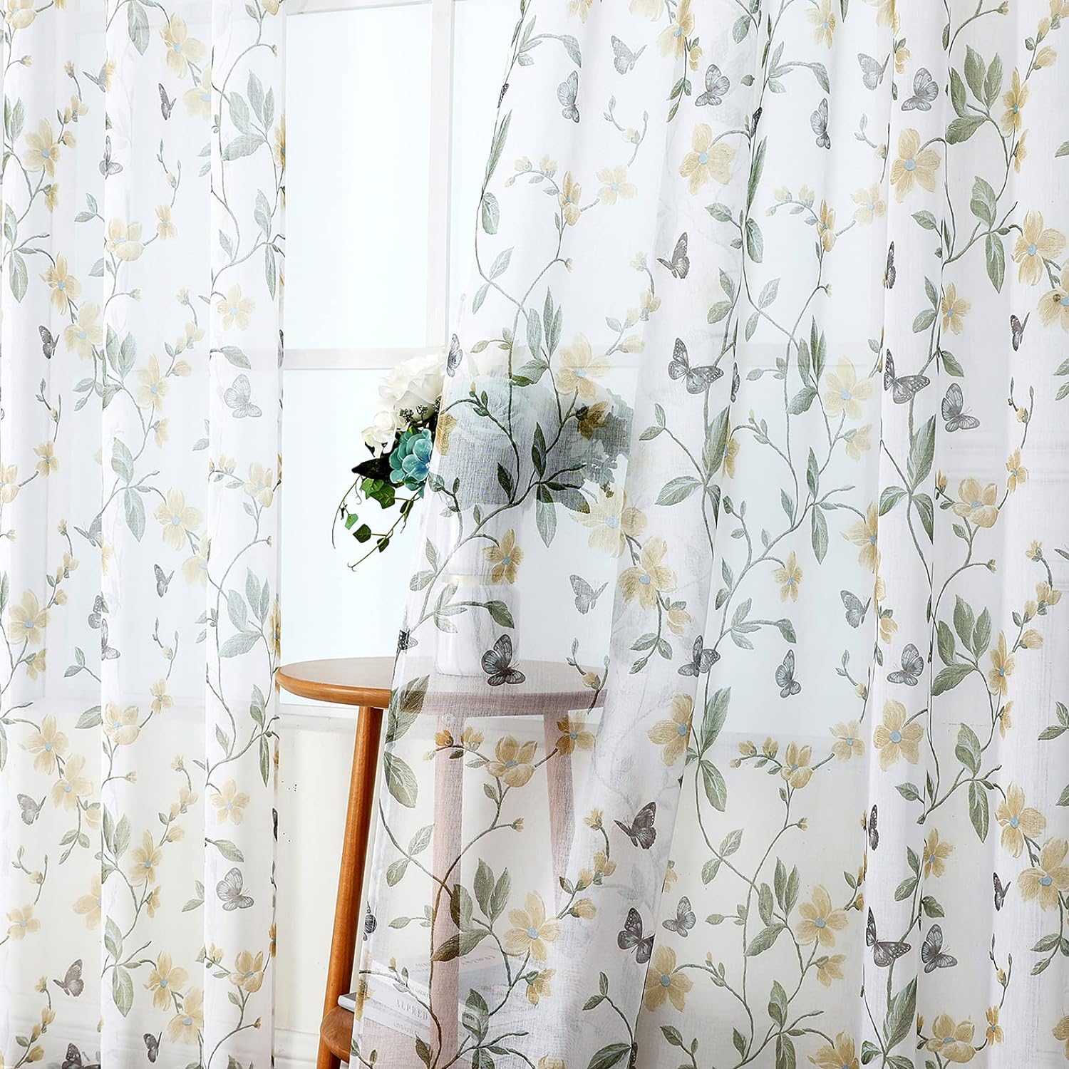 Tollpiz – Cortina floral transparente, con diseño de mariposas y flores para dormitorio, cortina para ventana de lino sintético con barra para