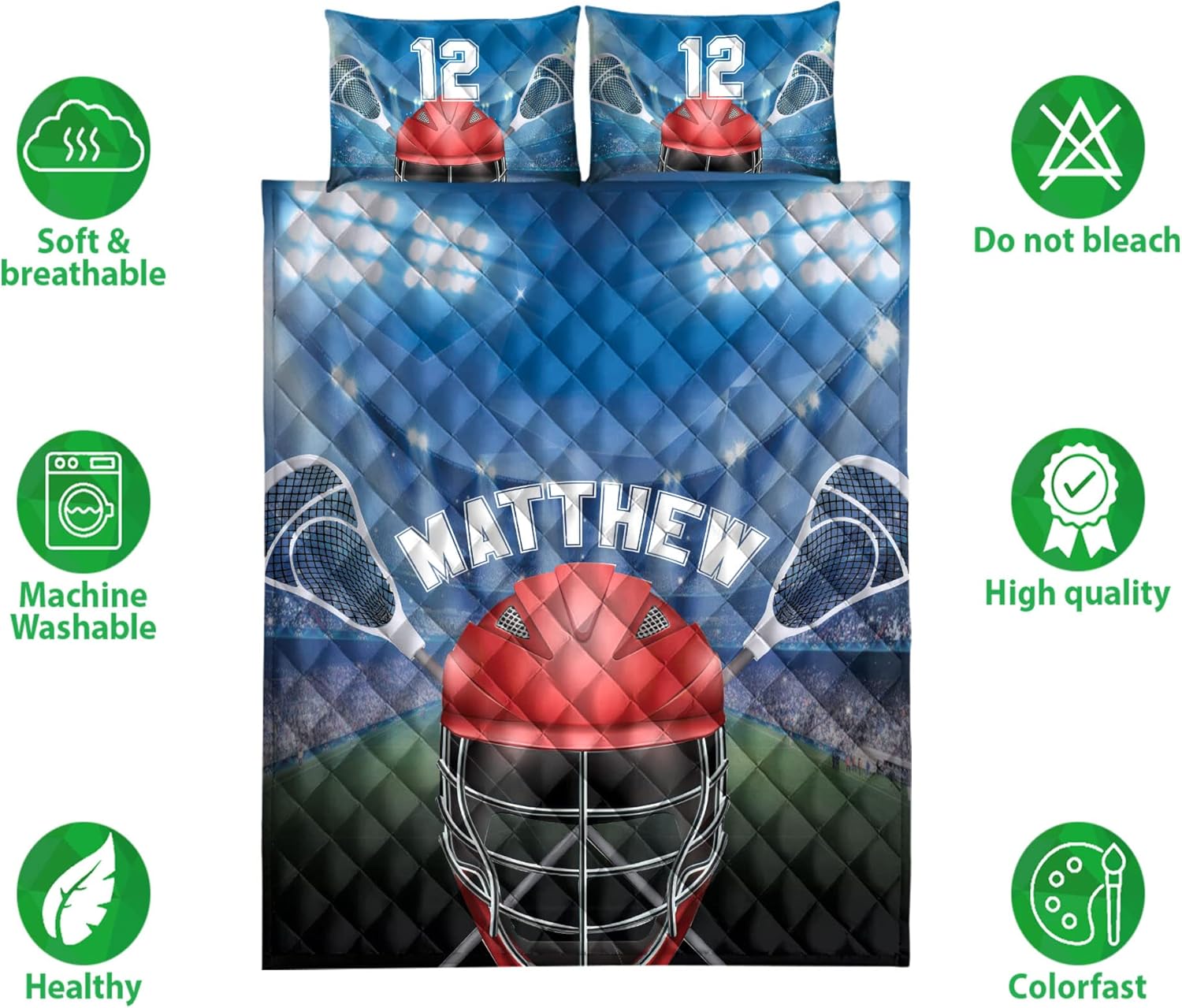 OhaPrints Juego de ropa de cama y fundas de almohada con casco de Lacrosse personalizado, regalo para fanáticos del jugador de estadio, color azul,