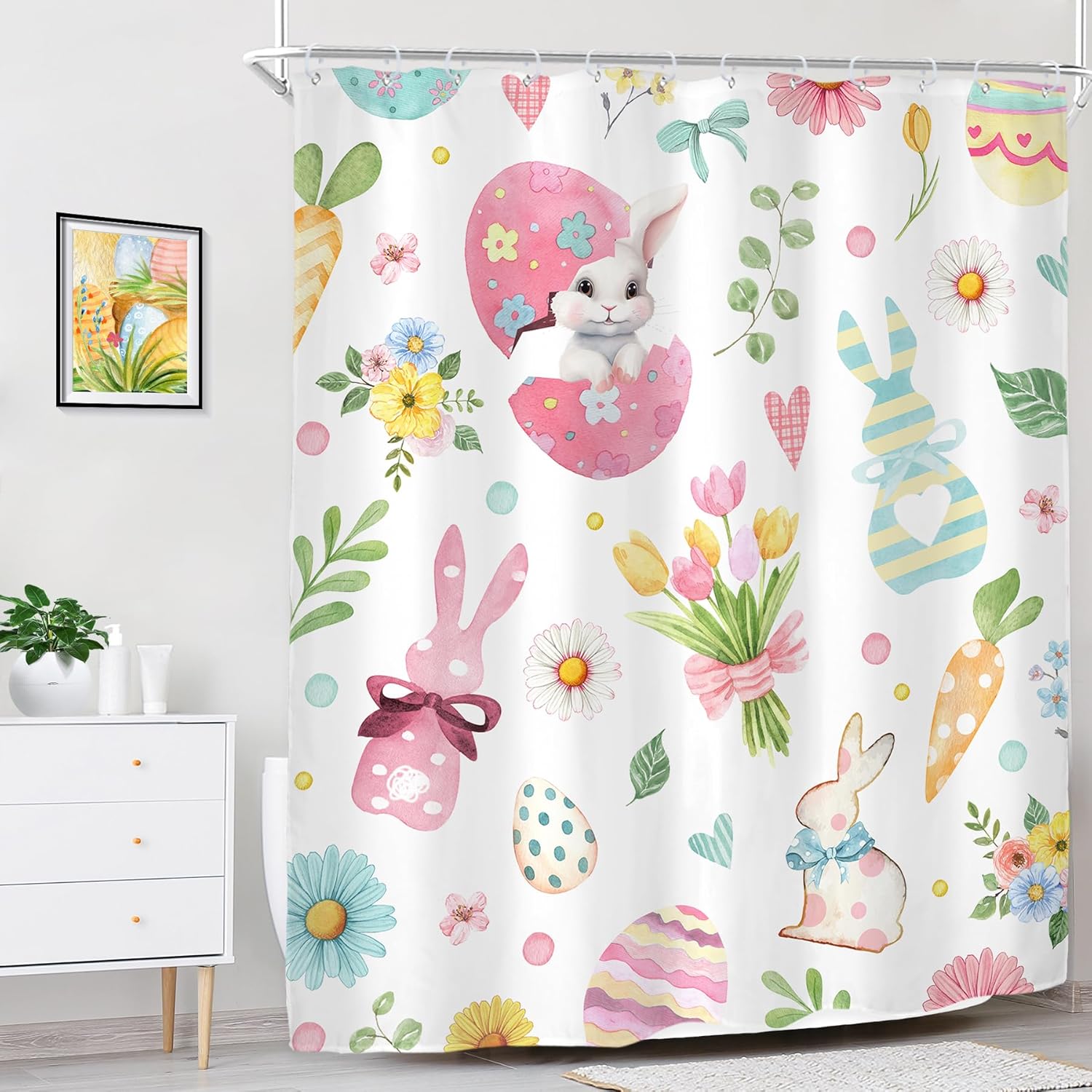 Riyidecor Cortina de ducha de conejo de Pascua para decoración de baño, 60 pulgadas de ancho x 72 pulgadas de alto, lindos huevos de conejo,