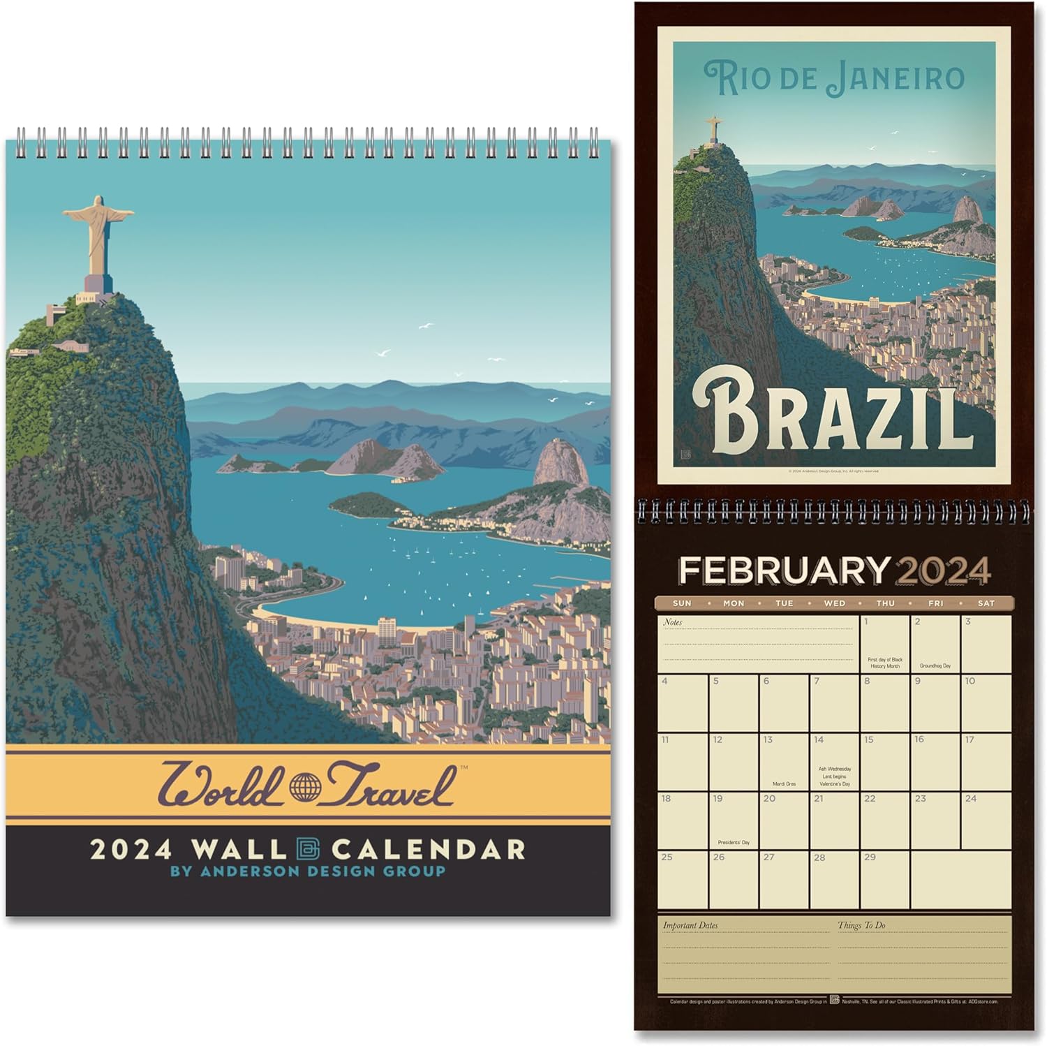 Americanflat Calendario 2024  Diseño de destinos de viaje mundial  Calendario de pared grande con formato mensual  Calendario mensual colgante  10 x