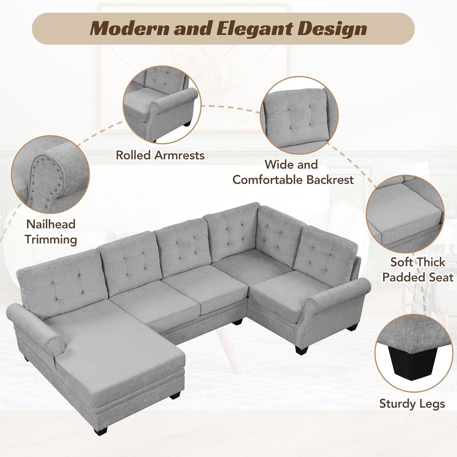 Sofá modular moderno en forma de U de 120 pulgadas, sofá tapizado de tela de lino para sala de estar y dormitorio, muebles grises elegantes
