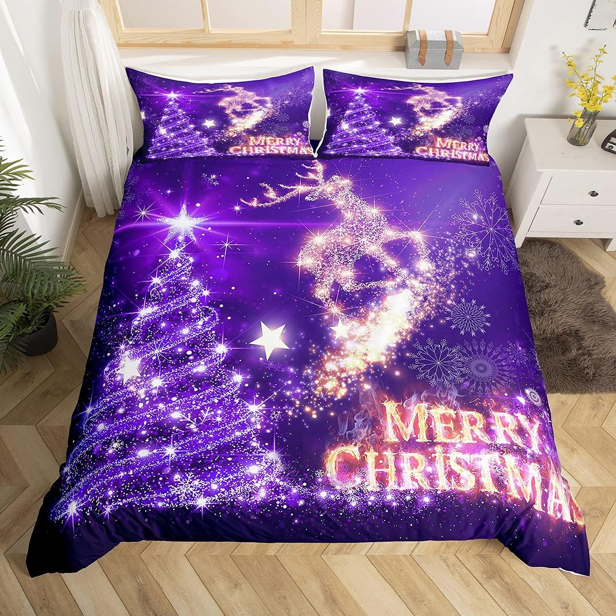 Juego de funda de edredón de Navidad, árbol de Navidad, estampado de ciervos, juego de funda de edredón de Navidad, juego de funda de edredón