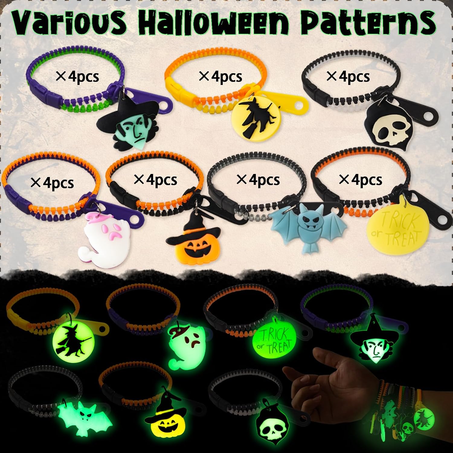 kockuu 28 pulseras de Halloween con cremallera para niños pequeños, pulseras de golosinas de Halloween que brillan en la oscuridad, recuerdos de