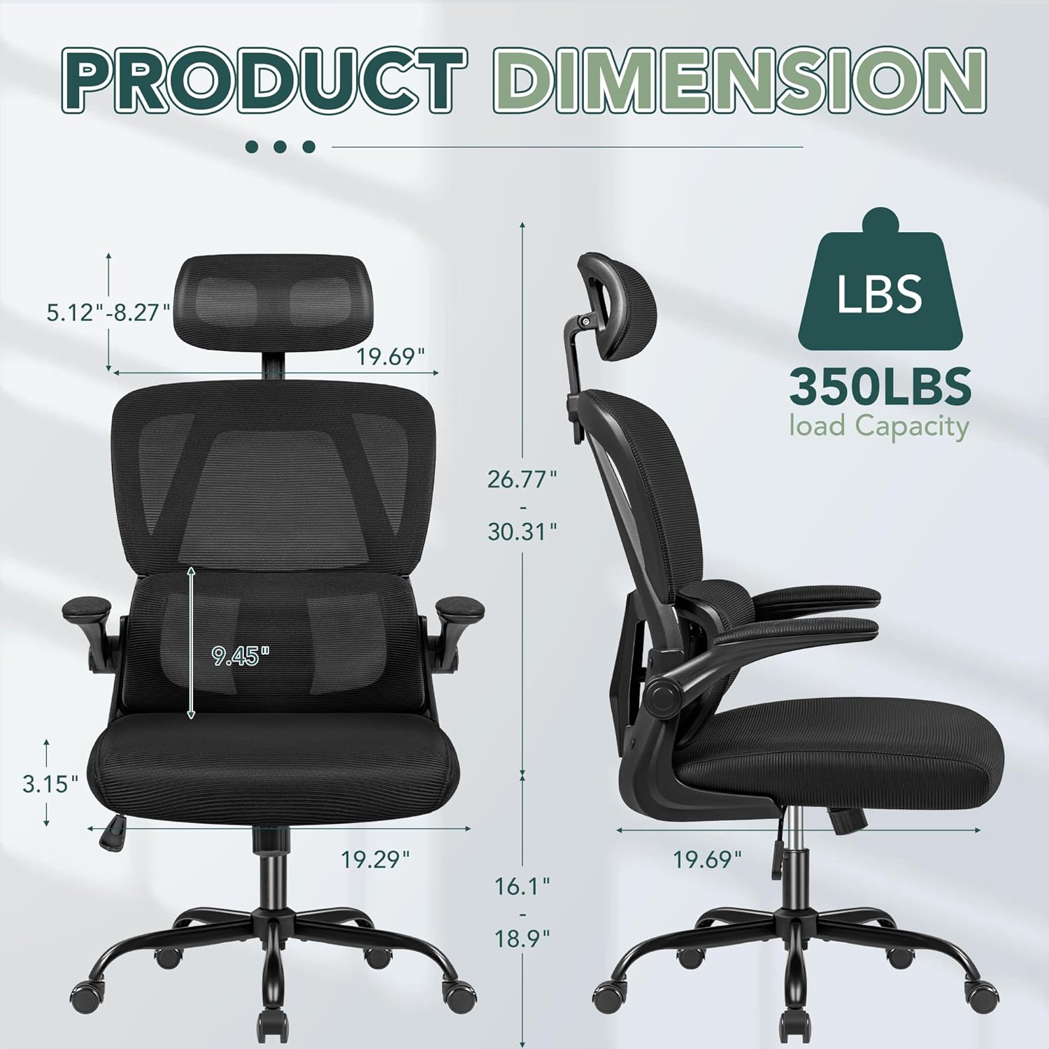 Silla de oficina ergonómica, asiento de malla transpirable, respaldo alto con soporte lumbar ajustable, reposacabezas y brazos abatibles, negro