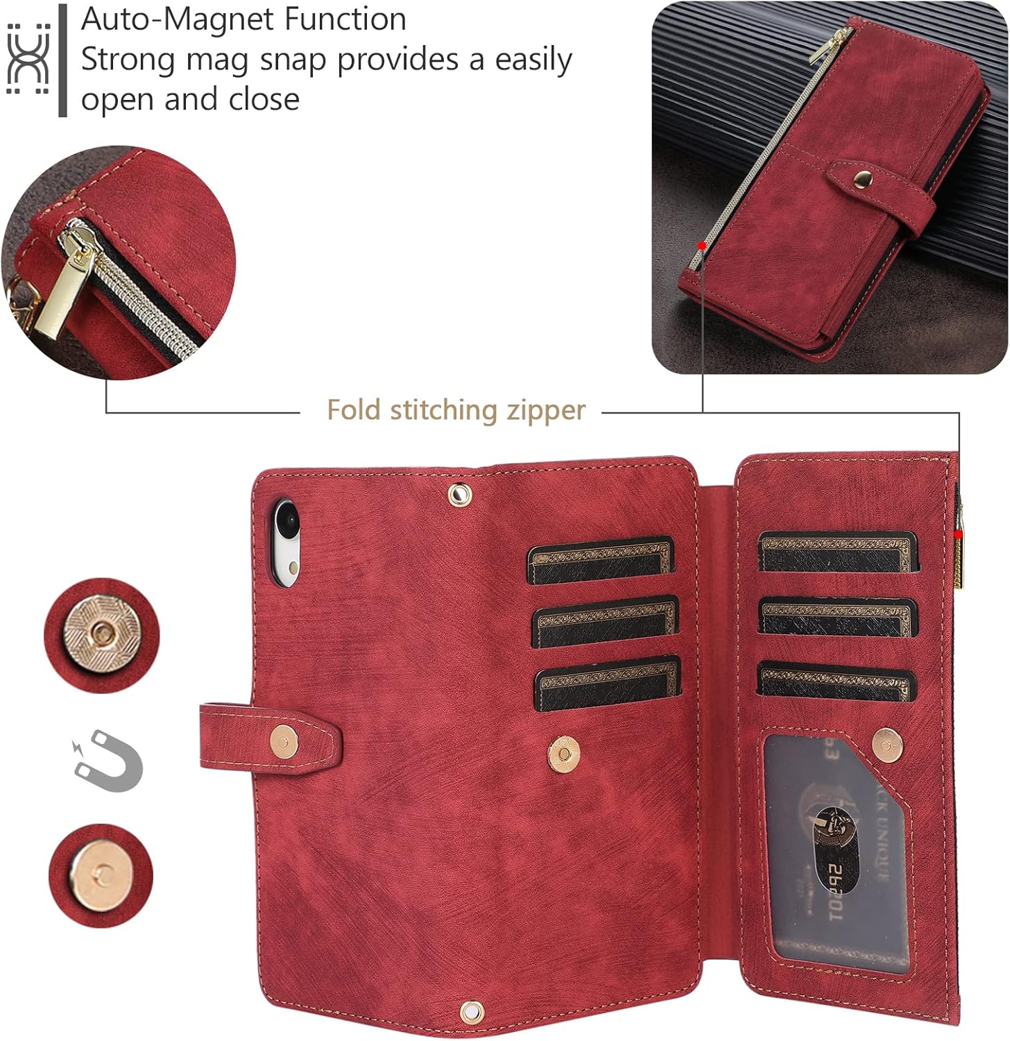 UEEBAI Funda para iPhone XR, 9 ranuras para tarjetas, cartera de cuero retro, a prueba de golpes, con correa de mano, ranuras para tarjetas,