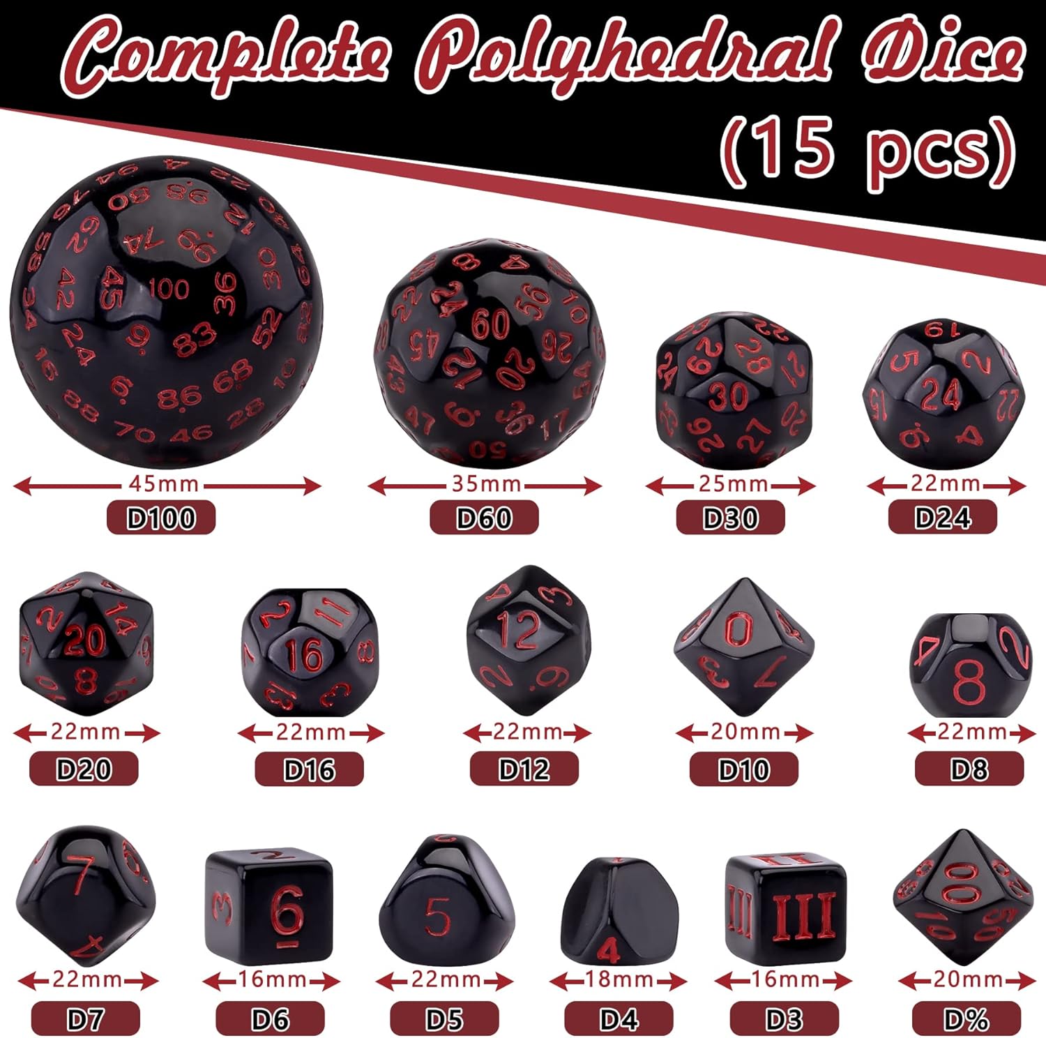 AUSTOR Juego completo de dados poliédricos D3-D100 de 15 piezas con una bolsa de almacenamiento de cuero con cordón para juegos de mesa (negro y