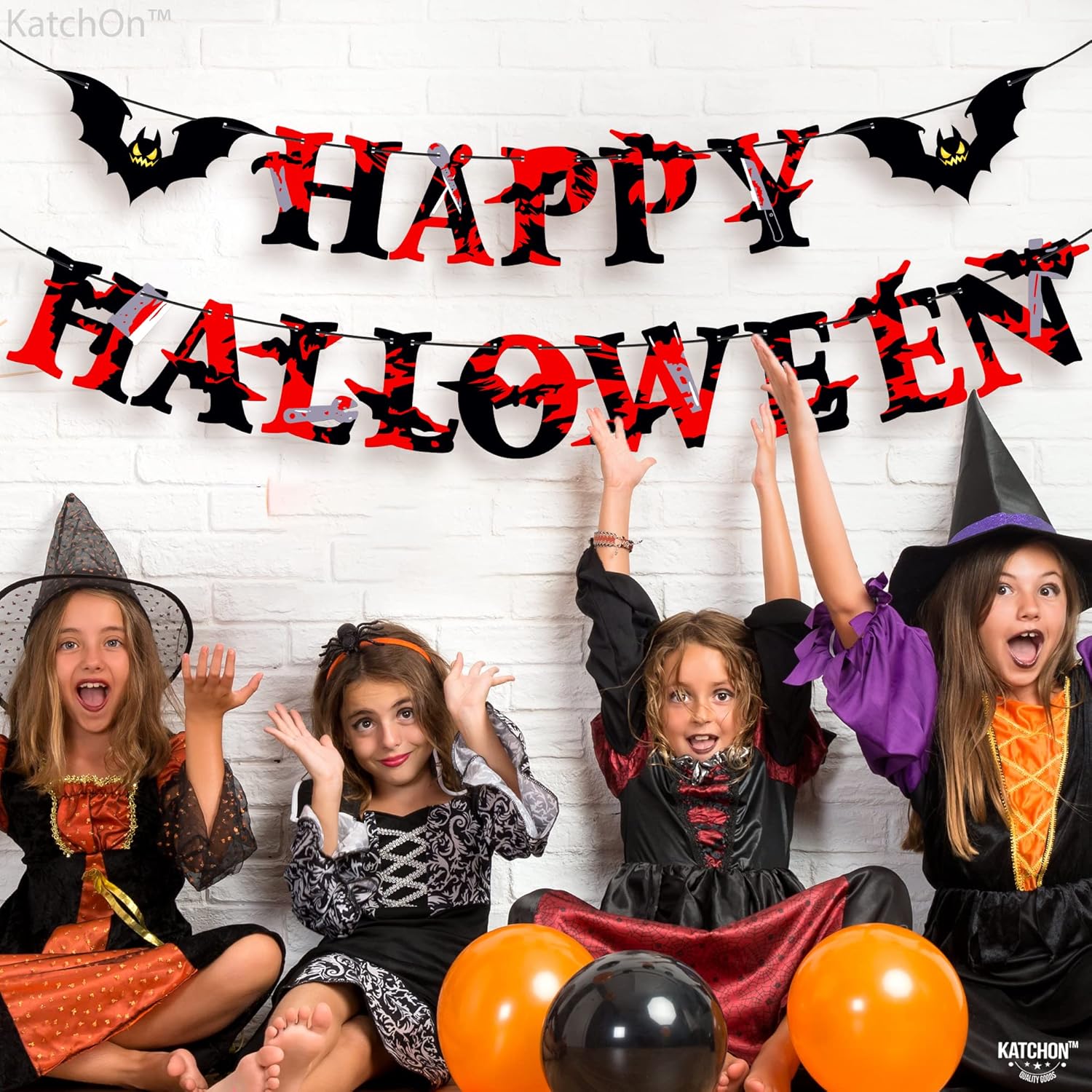 KatchOn, Cartel de Feliz Halloween con murciélagos  Grande de 10 pies, sin bricolaje  Guirnalda de Halloween aterradora para manto, decoraciones de