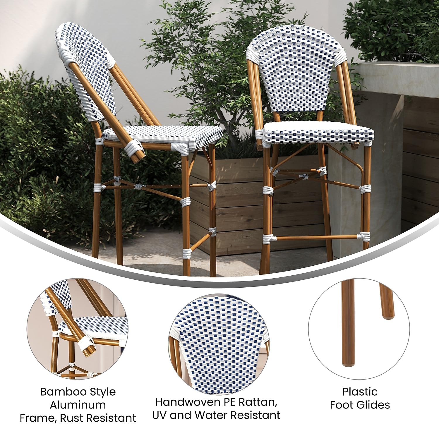 Flash Furniture Lourdes Taburete de bar francés de grado comercial, apilable para interiores y exteriores, 30 pulgadas de alto, acabado blancoazul