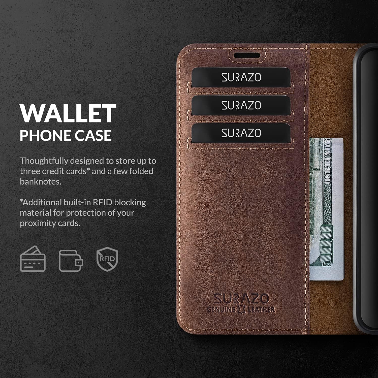 SURAZO Funda tipo cartera de piel auténtica para iPhone 14, 3 ranuras para tarjetas RFID y bolsillo para efectivo, cierre magnético seguro y función