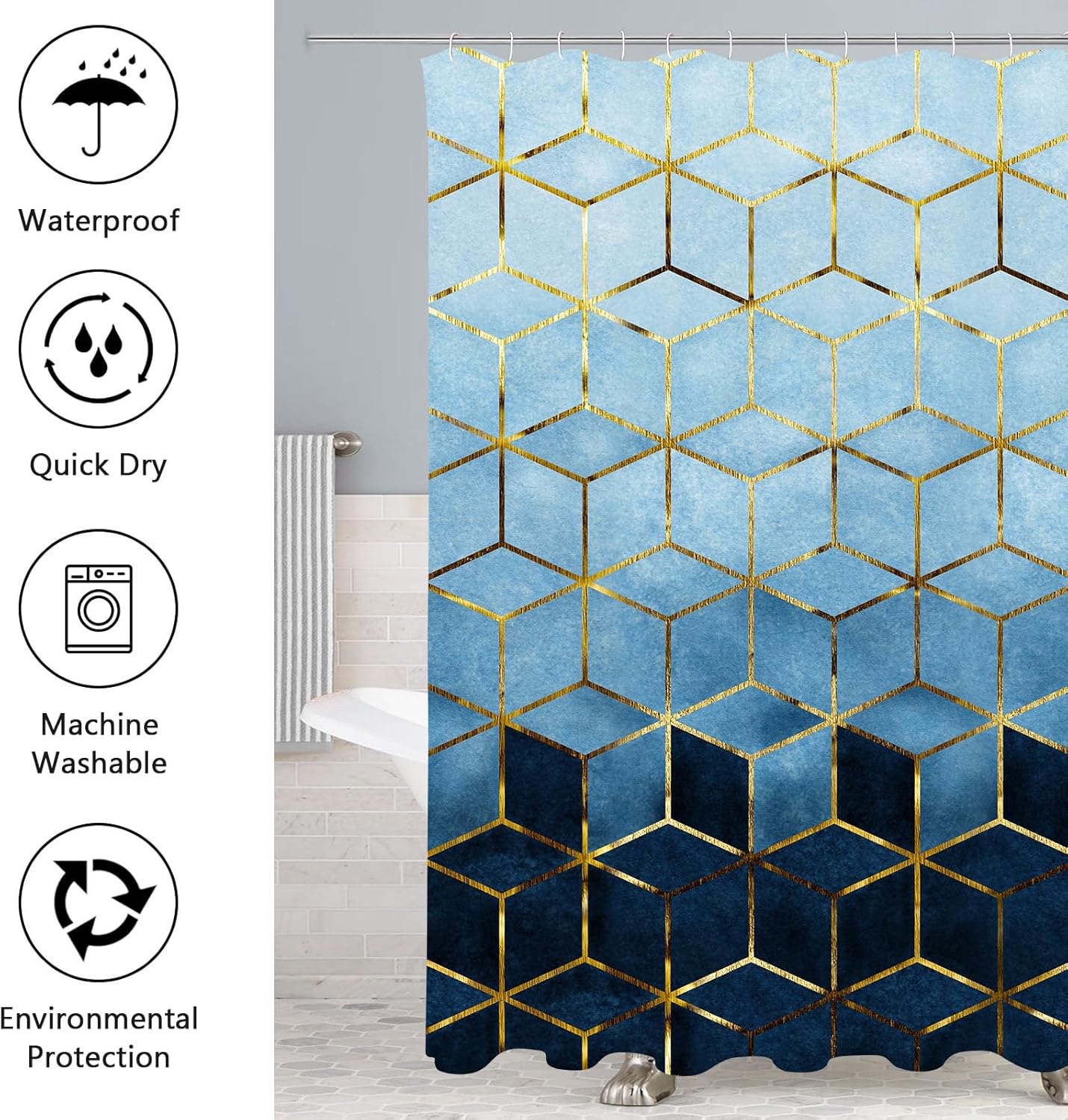 Gibelle Juego de 4 cortinas de ducha de baño con alfombras antideslizantes, cubierta para tapa de inodoro y tapete de baño, líneas cúbicas doradas