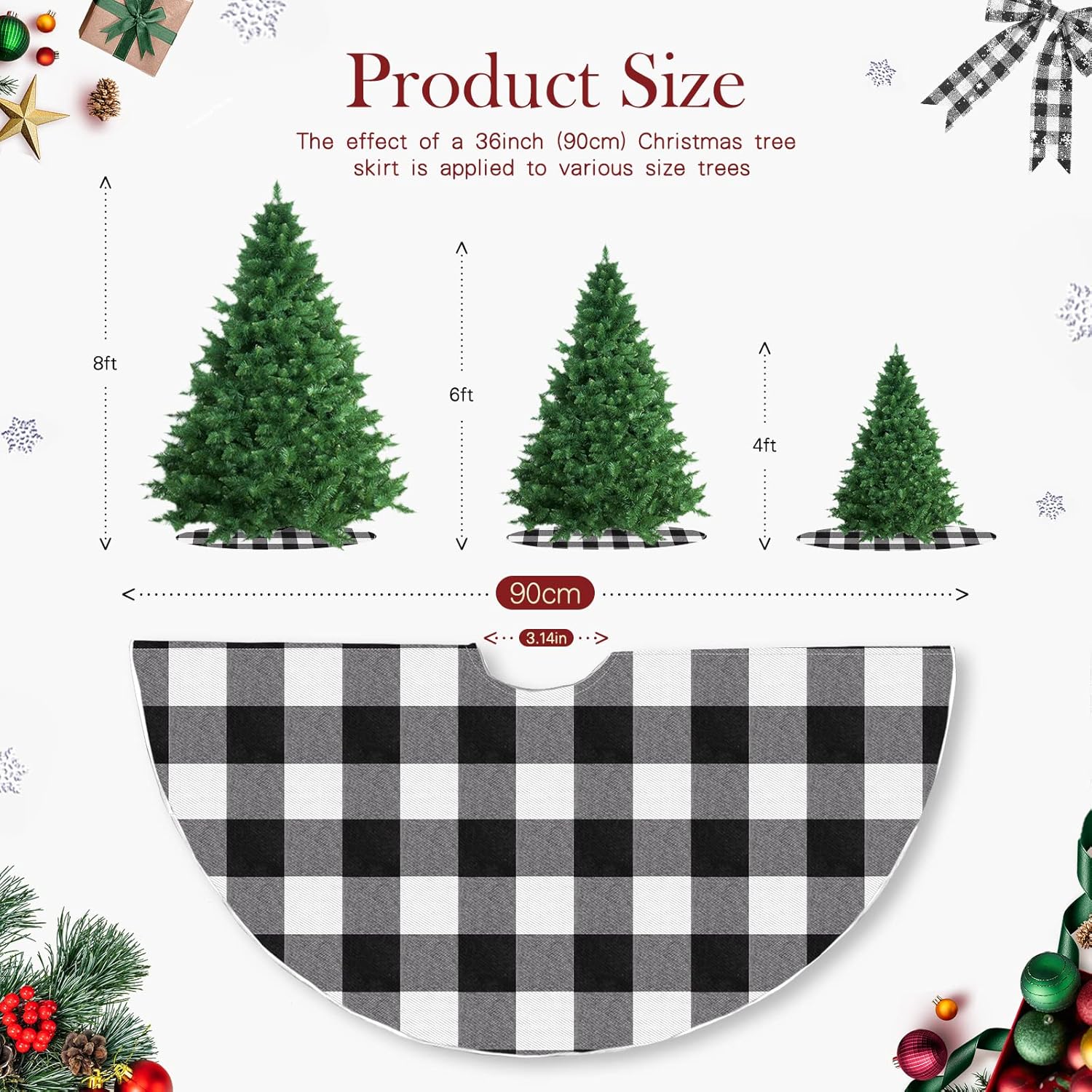 Falda de árbol de Navidad de 36 pulgadas, falda de árbol pequeño a cuadros blancos y negros para Navidad