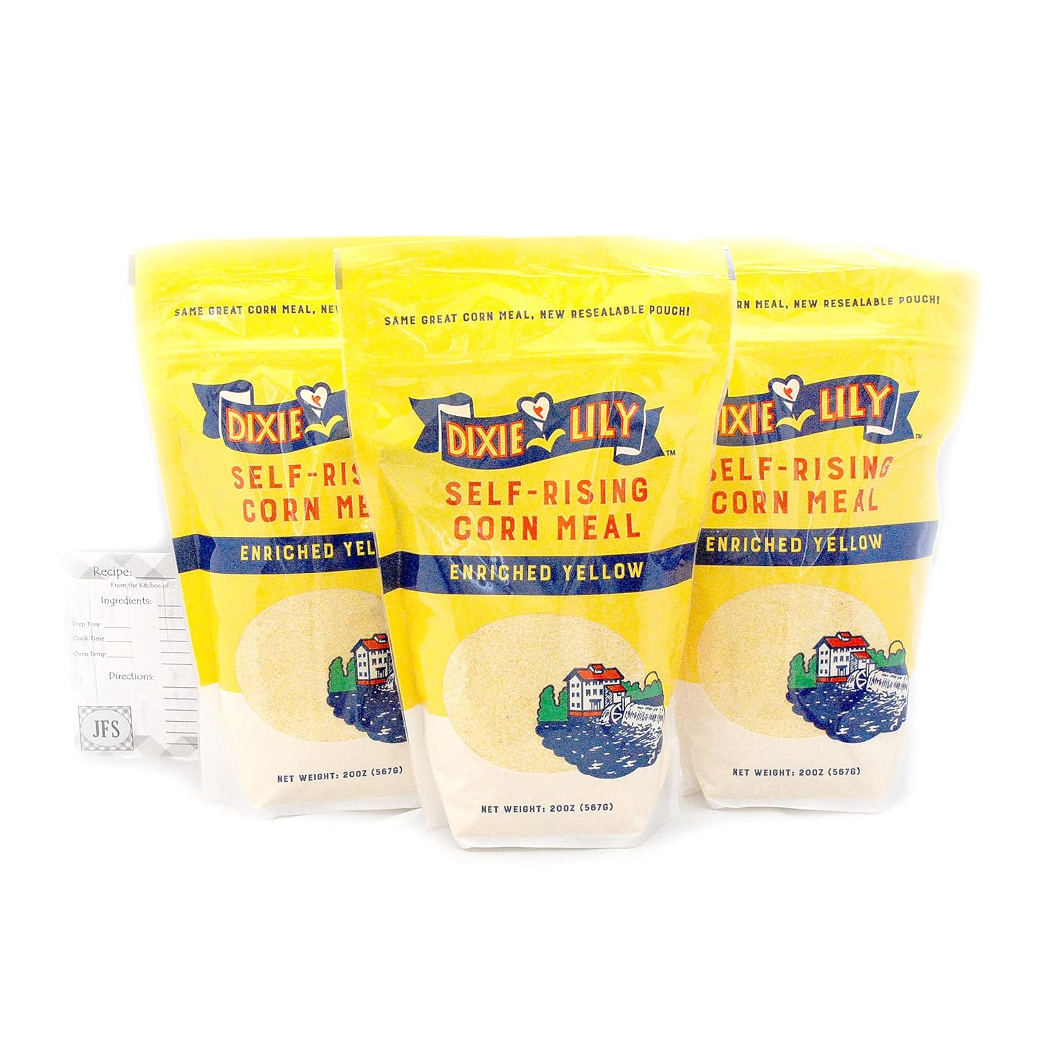 Dixie Lily – Harina de maíz amarillo autoelevable, bolsas resellables de 3 a 20 onzas con una tarjeta de recetas JFS