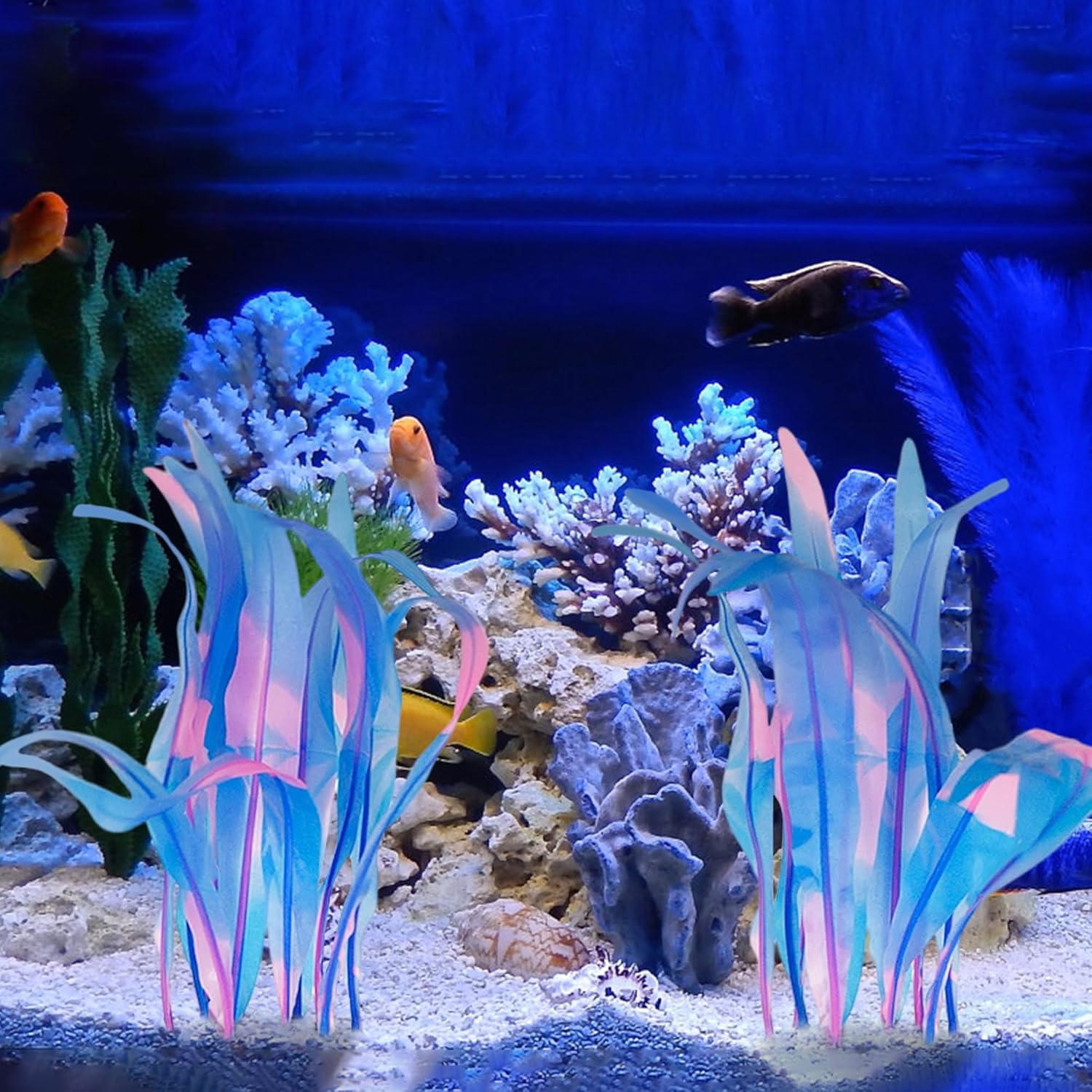 Kaiyuan Dynasty 2 plantas artificiales de silicona para acuario, plantas artificiales para pecera, quelpa brillante, decoración de plantas de