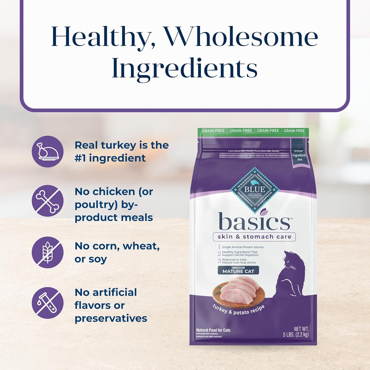 Blue Buffalo Basics – Alimento seco para gatos sin granos, cuidado de la piel y el estómago, dieta de ingredientes limitados para gatos maduros de