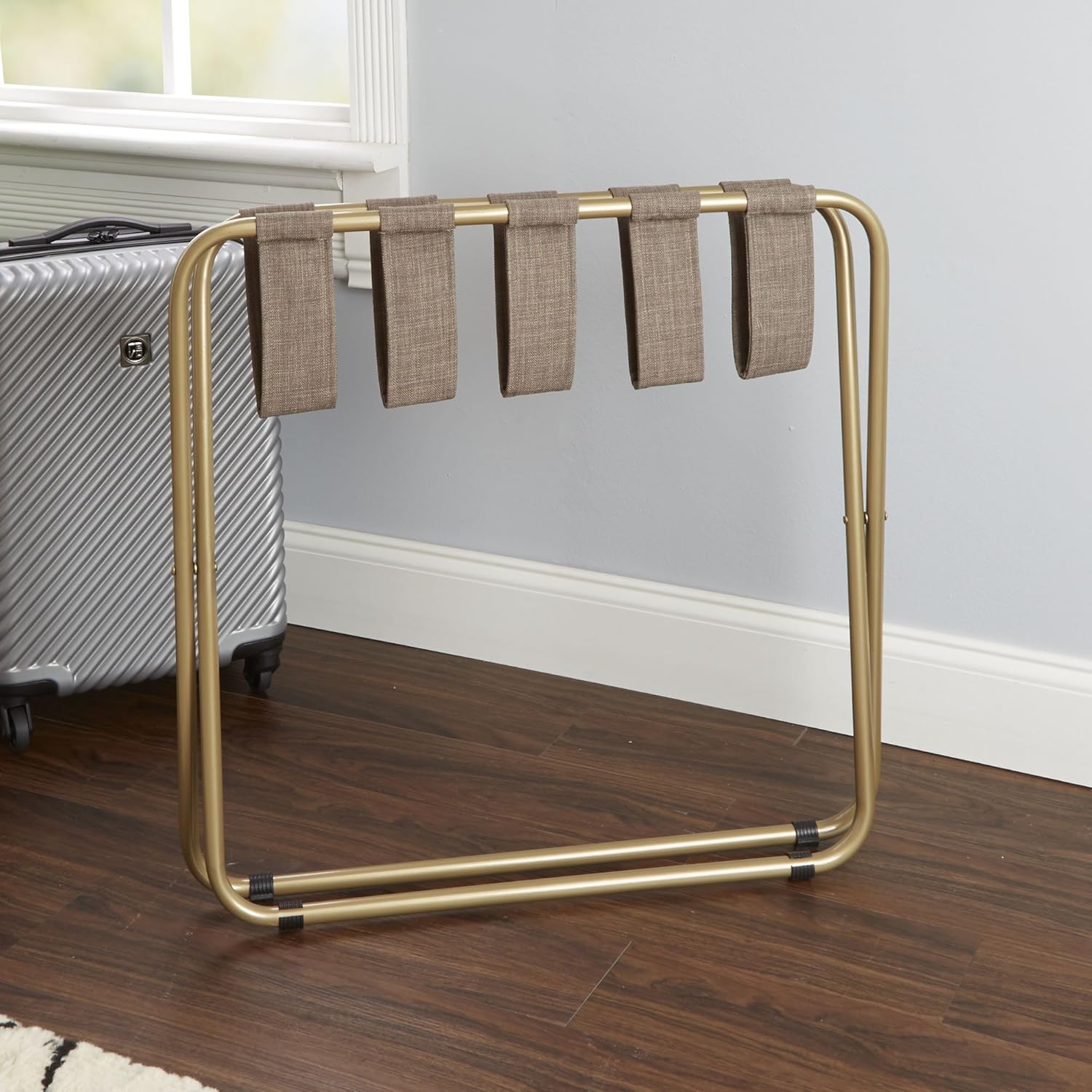 Rhys – Portaequipajes plegable de metal en color dorado, marrón oscuro