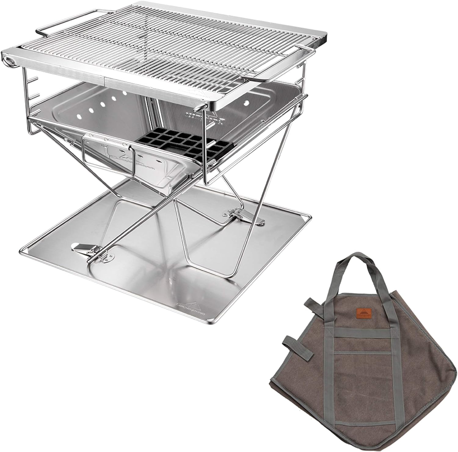 CAMPINGMOON – Parrilla de leña portátil 3 en 1 de acero inoxidable y hoguera de 14 x 15.35 pulgadas con bolsa de transporte MT-035