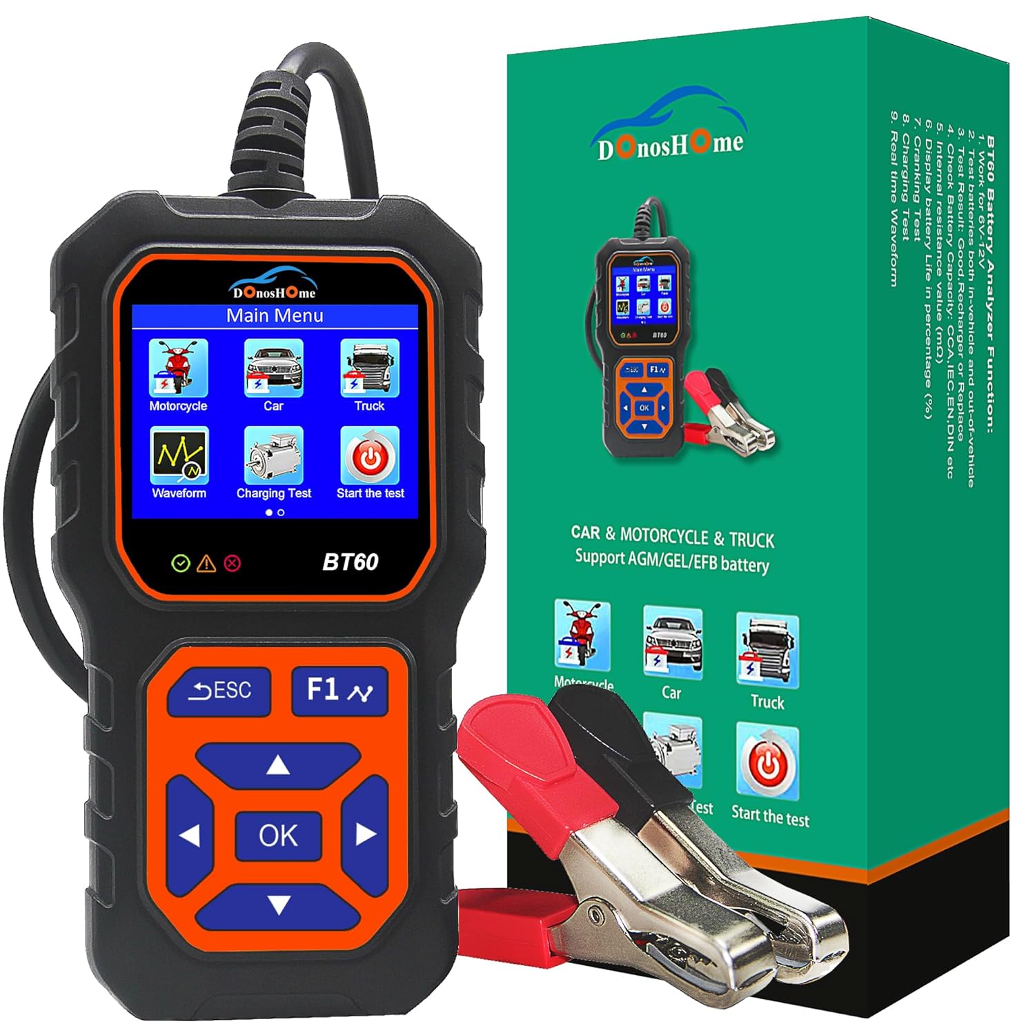 DonosHome Probador de batería 5-36V 100-3000 CCA Probador de batería de coche Probador de batería de coche AGM de gel de litio para alternador de