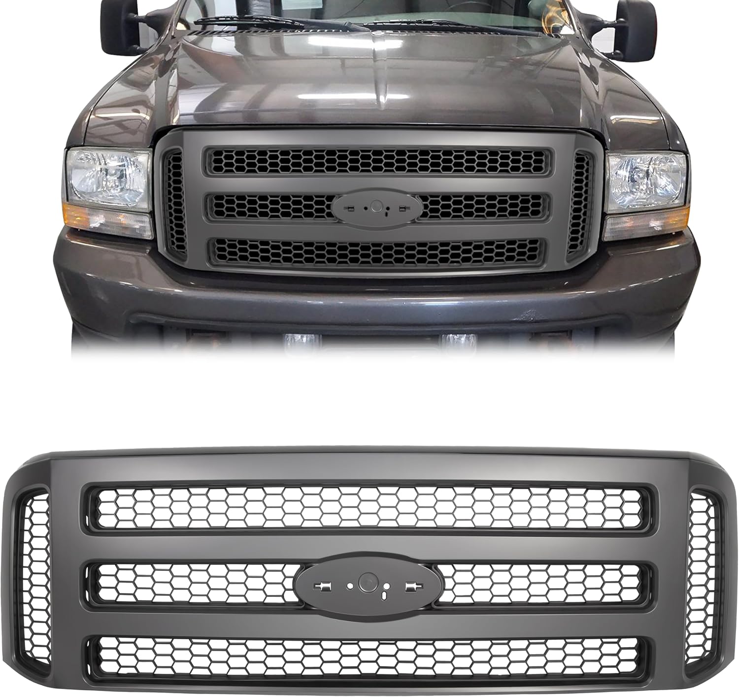 ECOTRIC Nueva parrilla delantera compatible con Ford F250 F350 Super Duty Excursion Black Grille Style 1999 2000 2001 2002 2003 2004
