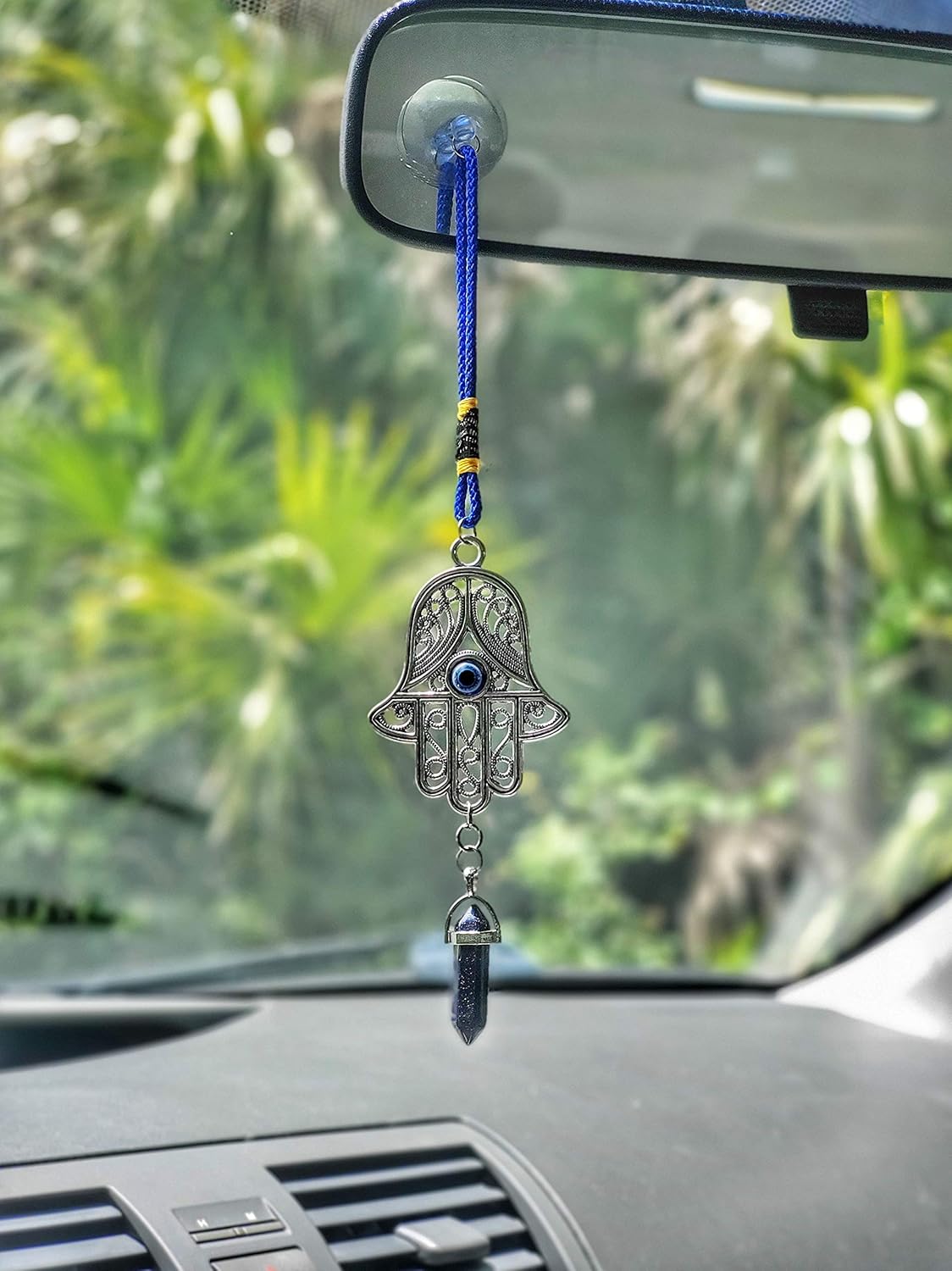 Silver Ornate Hamsa Hand Jeweled Keychain – Evil Eye Protection, Hanging Gemstone – Good Luck Charms 1.8″x9″