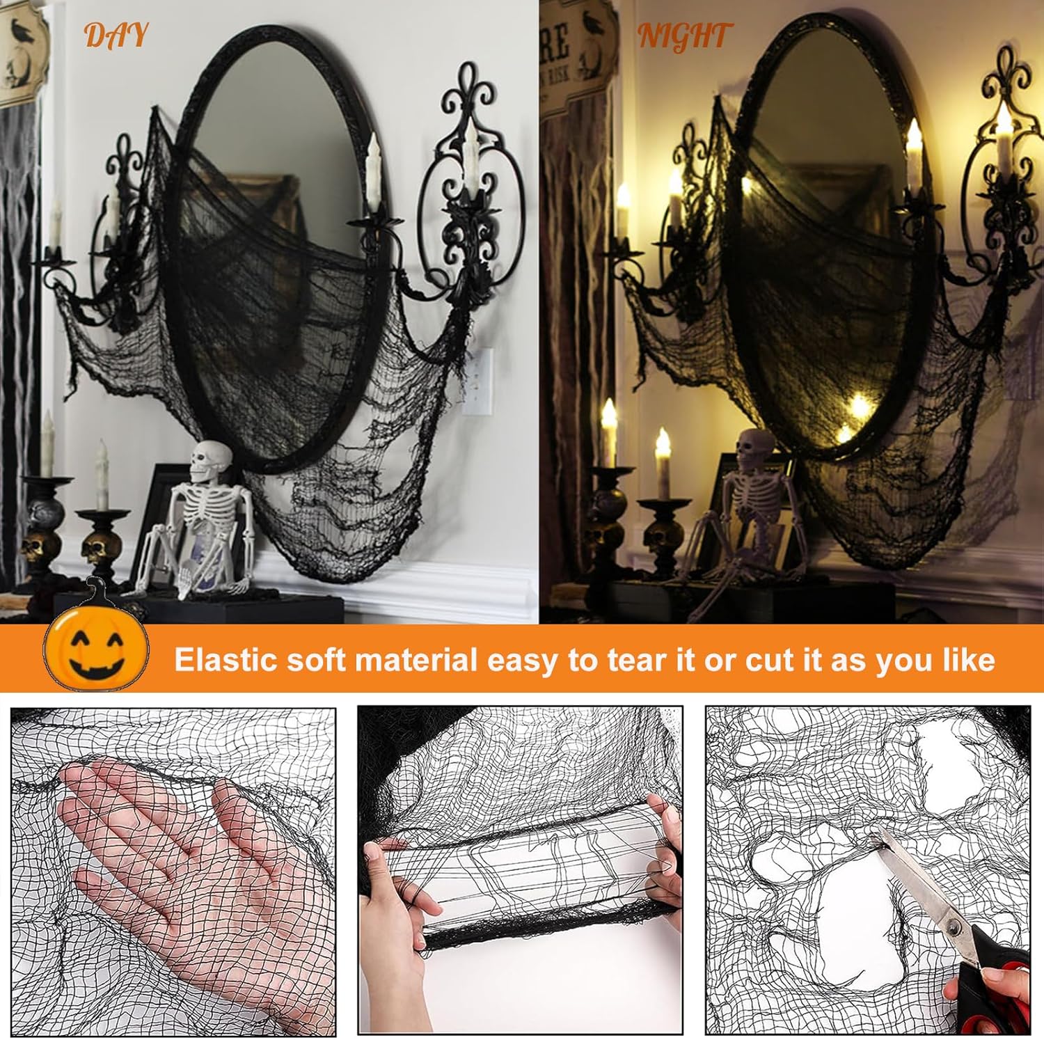 6 piezas de tela espeluznante de Halloween de 30 x 75 pulgadas, decoraciones de Halloween, gasa negra espeluznante, decoración para exteriores e