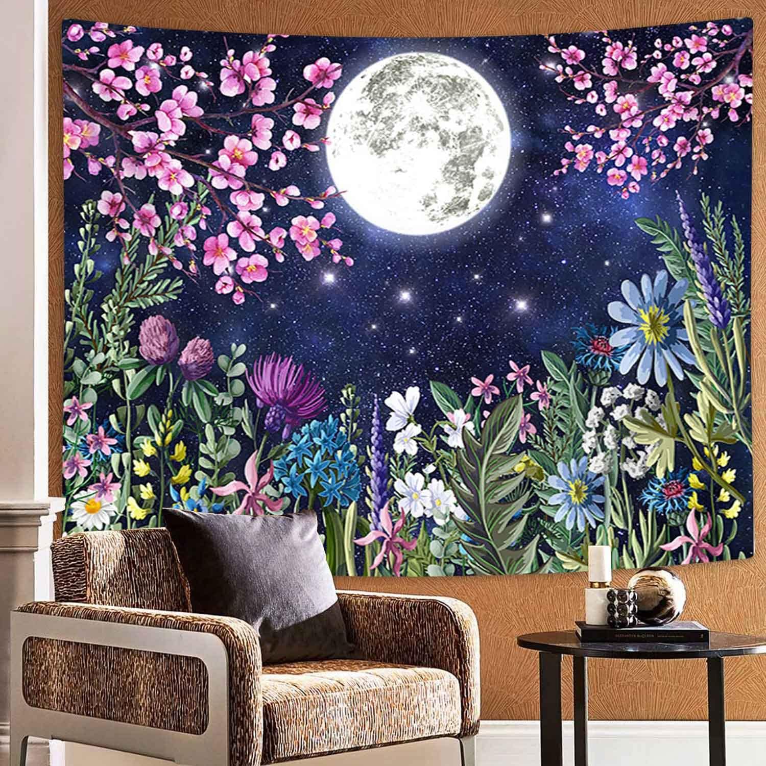 Boziqr Tapiz estético de flores de luna, cielo estrellado, tapiz floral para colgar en la pared para dormitorio, tapiz de paisaje natural,