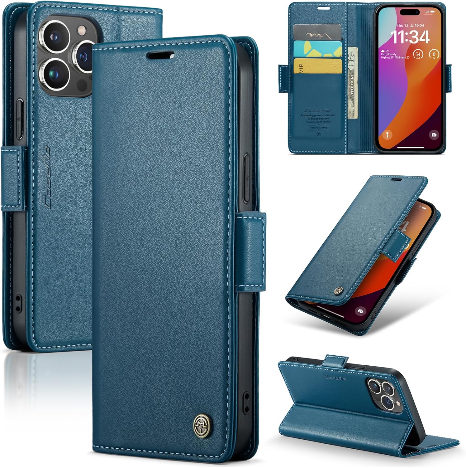 Compatible con iPhone 15 Pro Max, funda de piel sintética con tapa y soporte para tarjetas con bloqueo RFID carcasa interior de TPU a prueba de