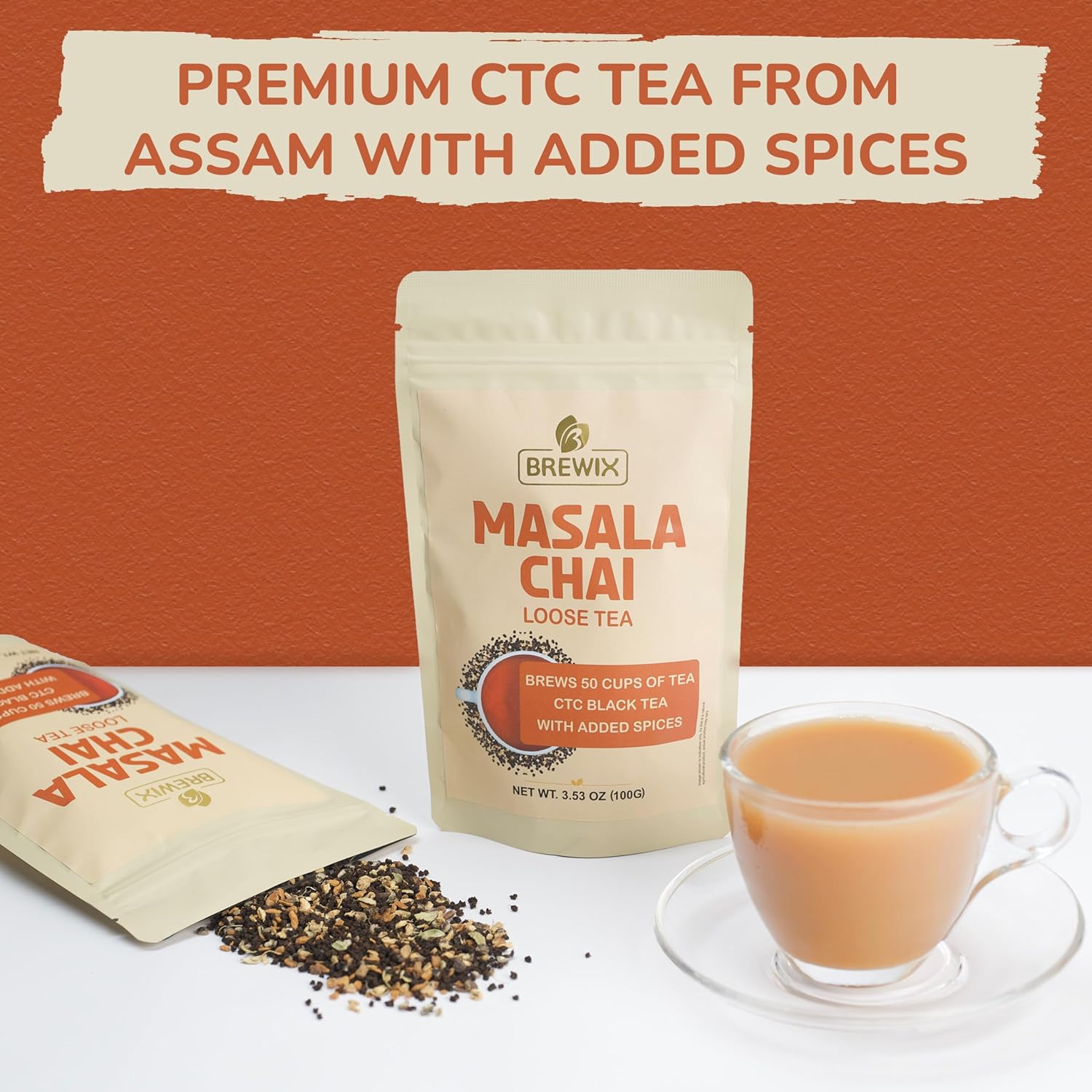 BREWIX, Masala Chai Tea Té CTC de hojas sueltas (más de 50 tazas, 3.53 onzas3.53 oz) fuerte, robusto y aromático, totalmente natural  Mezclado con