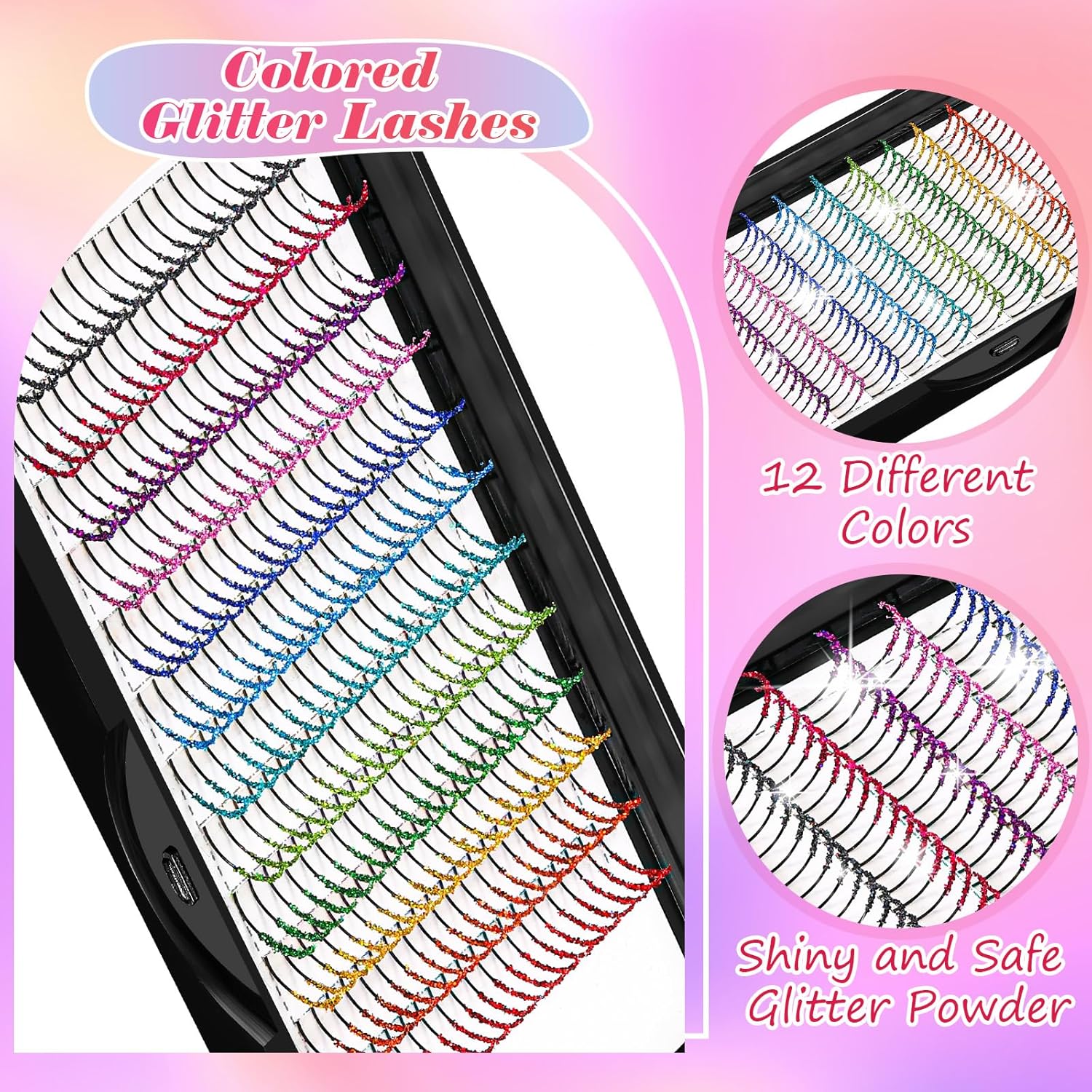 Extensiones de pestañas con purpurina de colores, pestañas individuales, bandeja de pestañas de un solo ojo con pinzas aplicadoras, juego de brochas